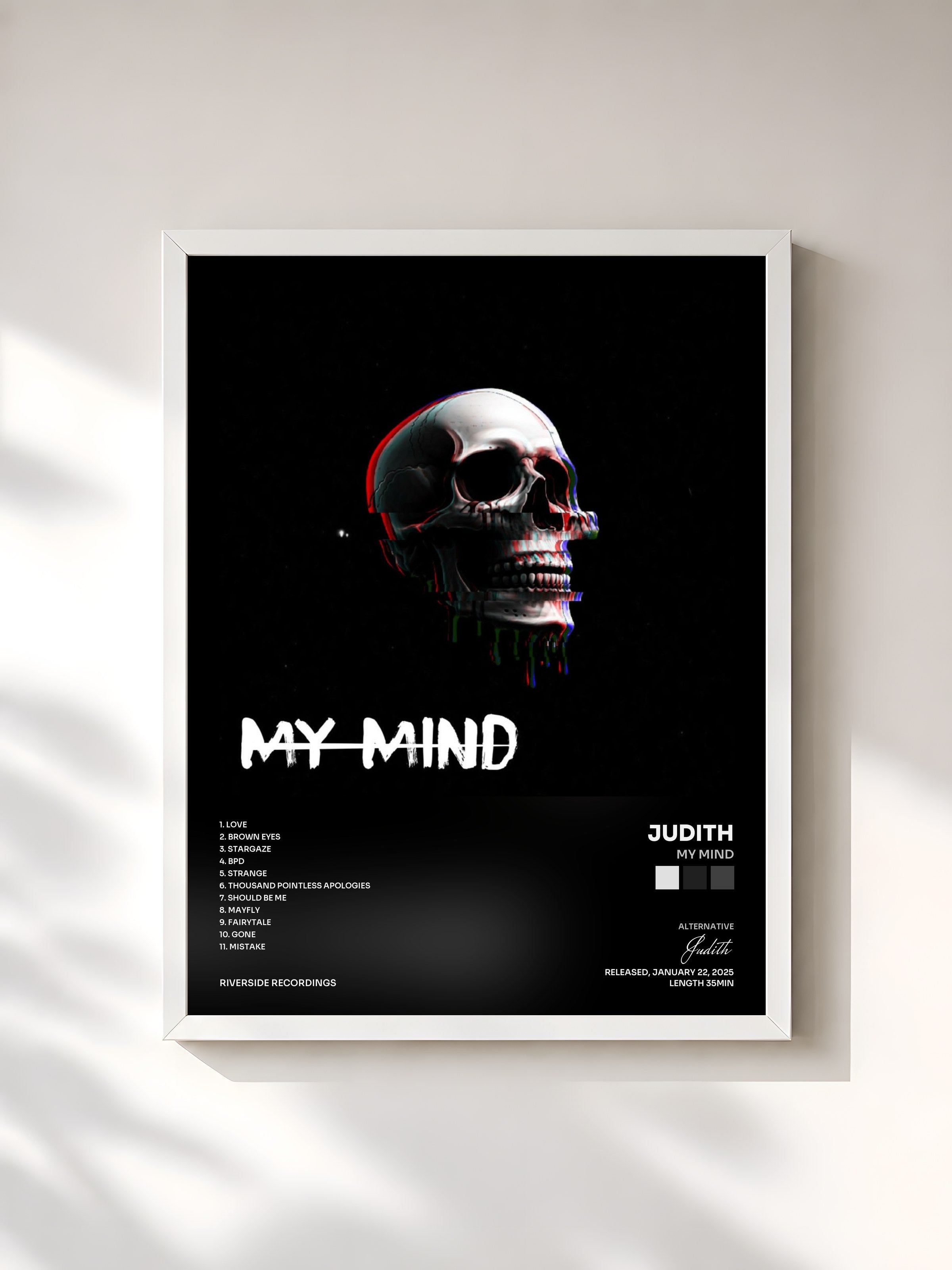 #blanc Tableau de l'album My Mind de Judith, cadre blanc, imprimé et encadré en France