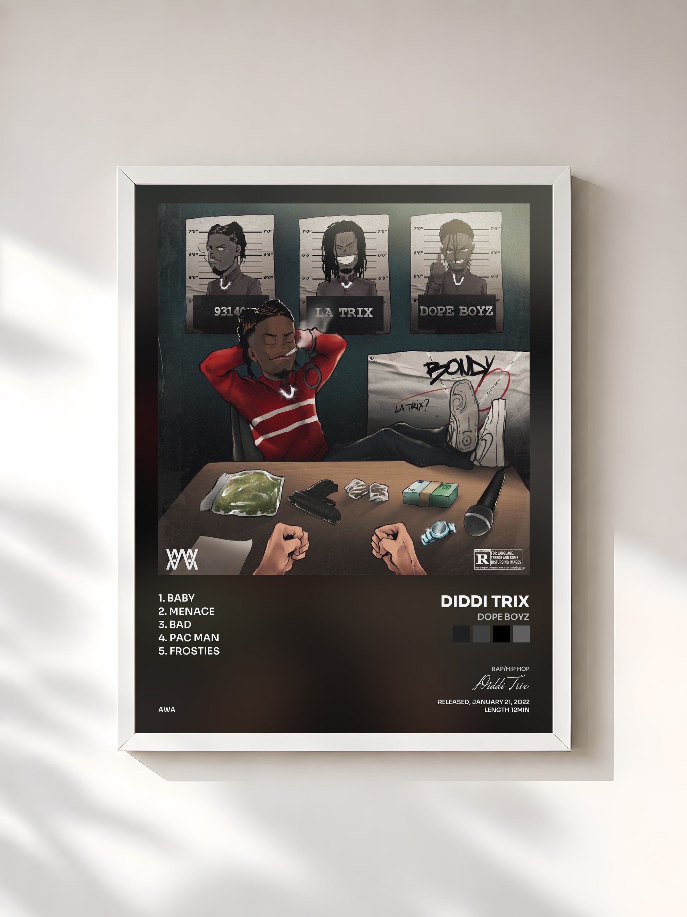 #blanc Tableau de l'album Dope Boyz de Diddi Trix, cadre blanc, imprimé et encadré en France