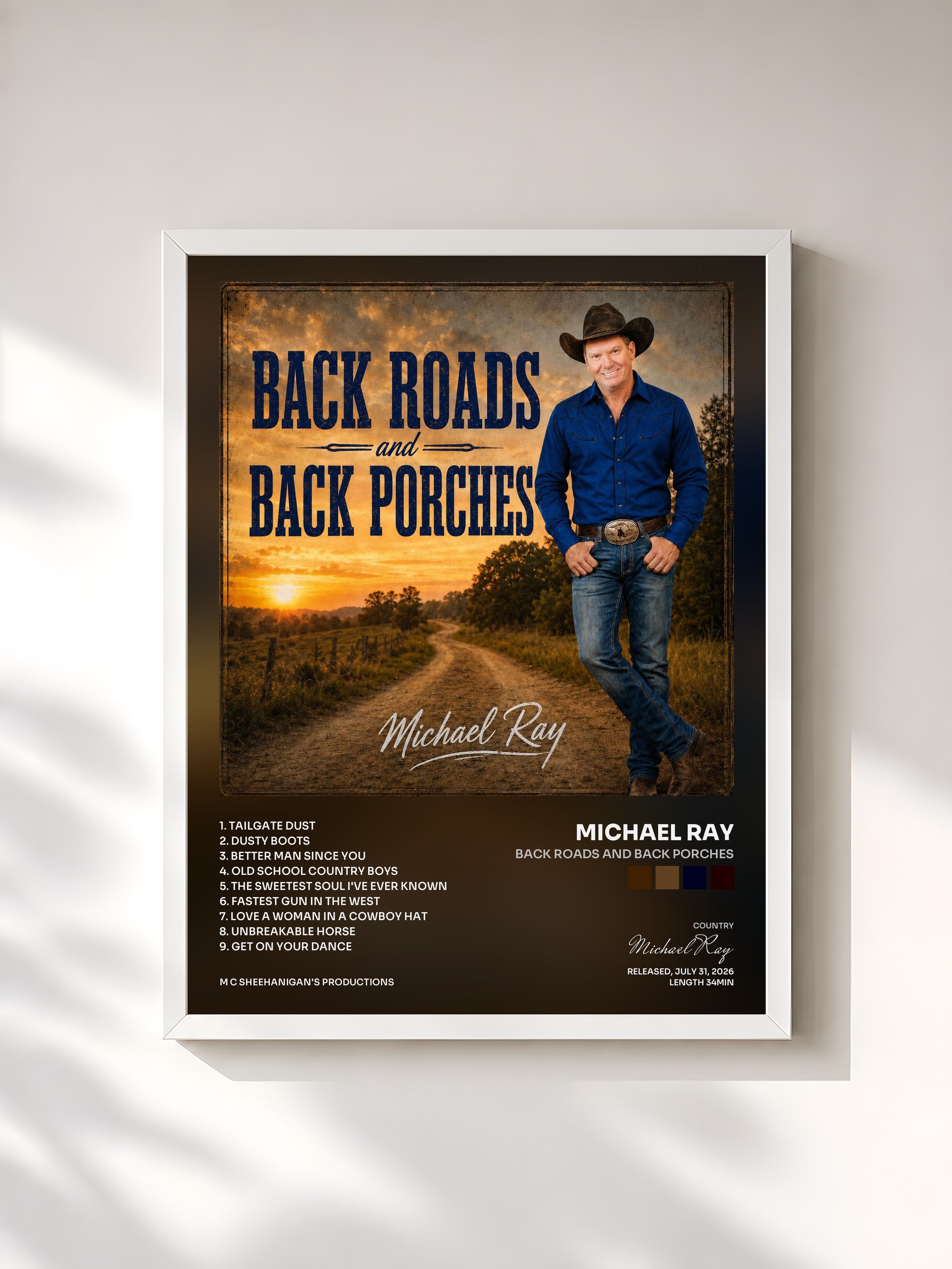 #blanc Tableau de l'album Back Roads and Back Porches de Michael Ray, cadre blanc, imprimé et encadré en France