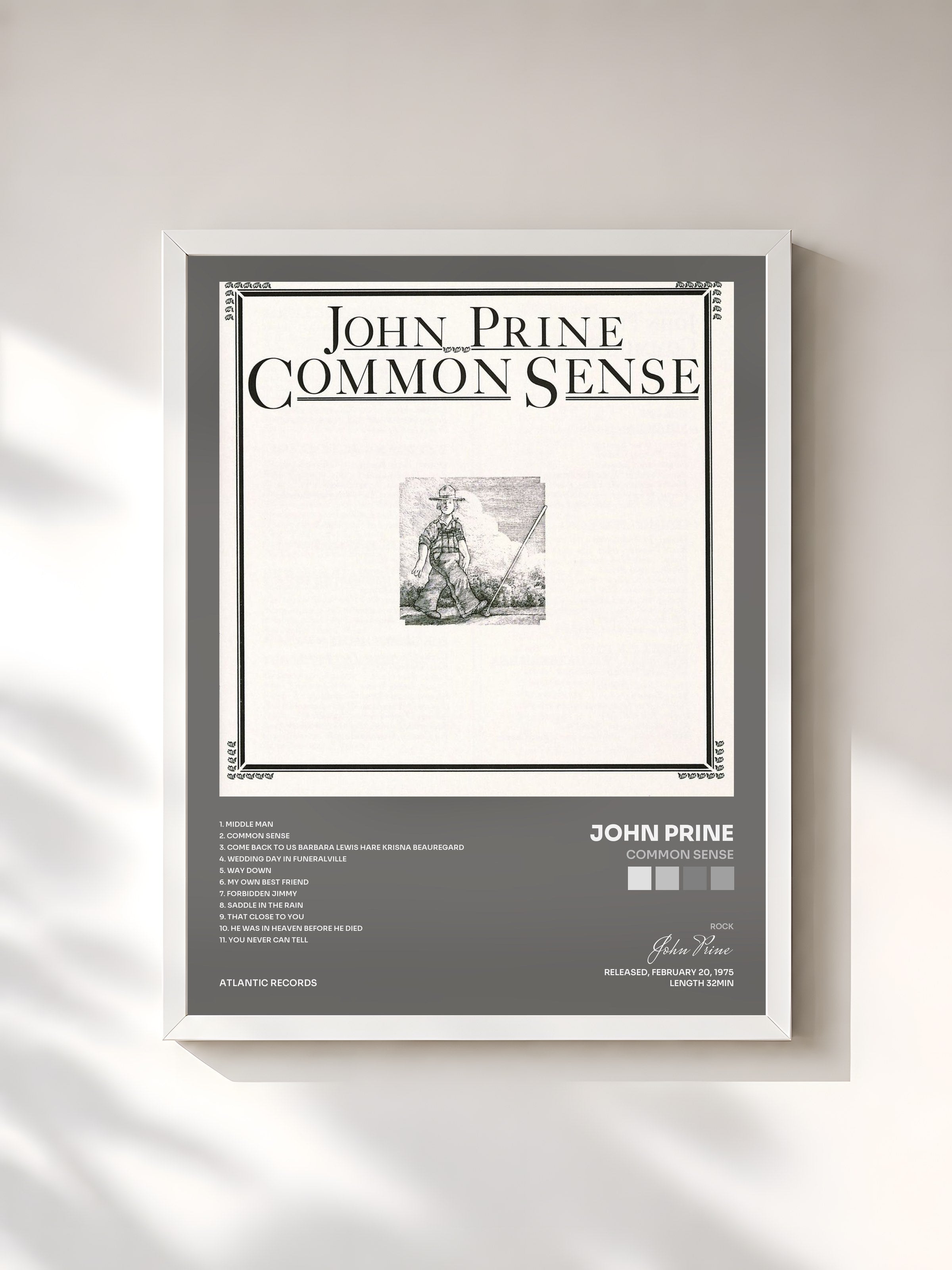 #blanc Tableau de l'album Common Sense de John Prine, cadre blanc, imprimé et encadré en France