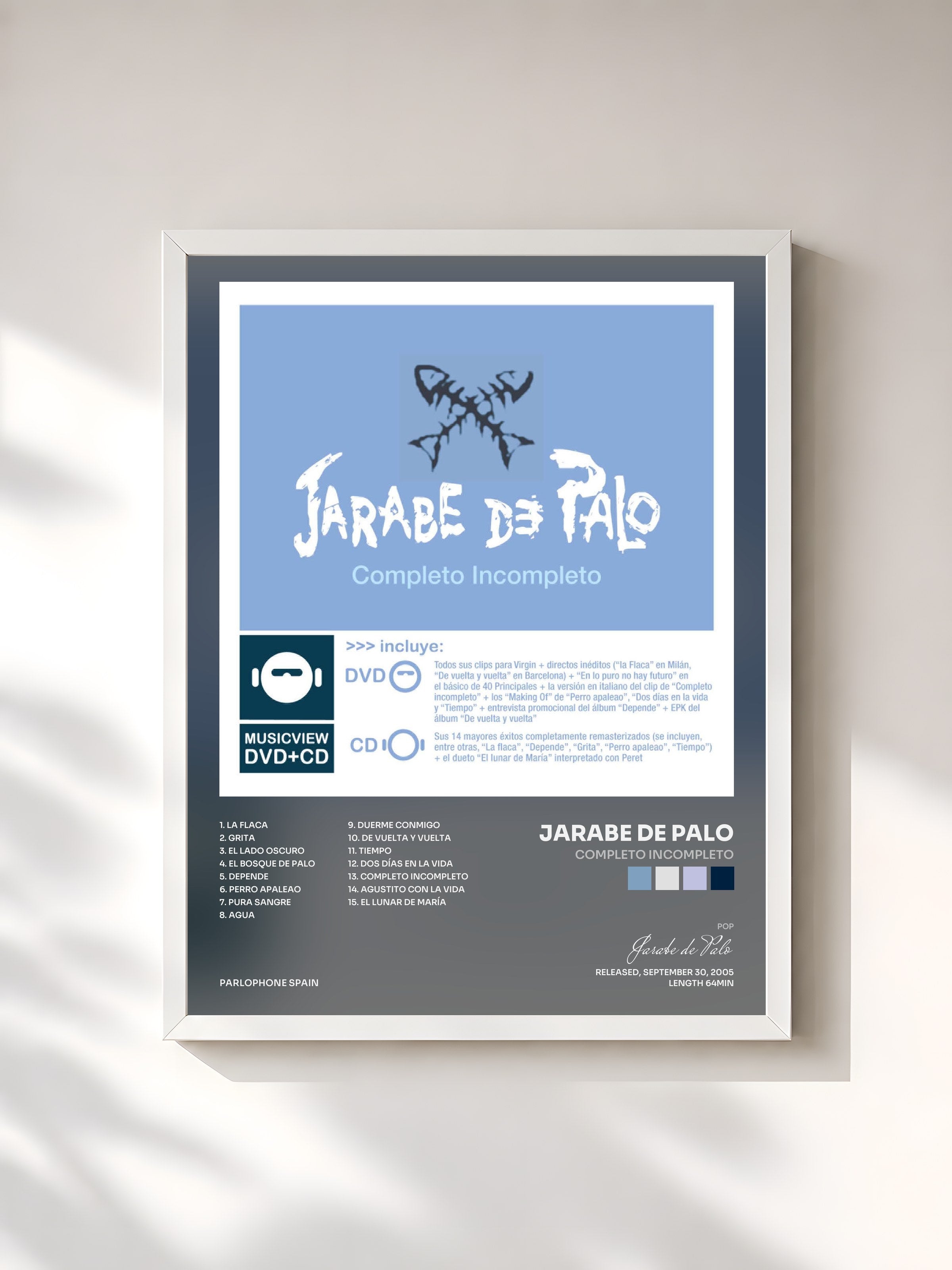 #blanc Tableau de l'album Completo Incompleto de Jarabe de Palo, cadre blanc, imprimé et encadré en France