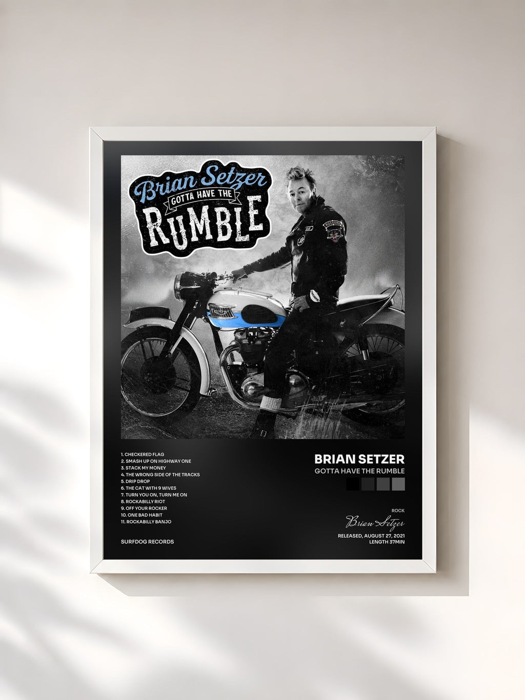 #blanc Tableau de l'album Gotta Have The Rumble de Brian Setzer, cadre blanc, imprimé et encadré en France