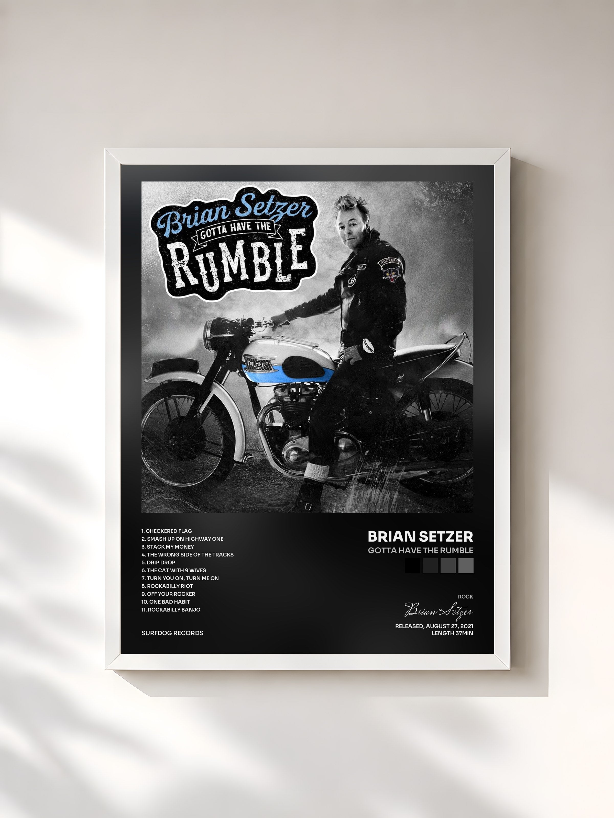 #blanc Tableau de l'album Gotta Have The Rumble de Brian Setzer, cadre blanc, imprimé et encadré en France