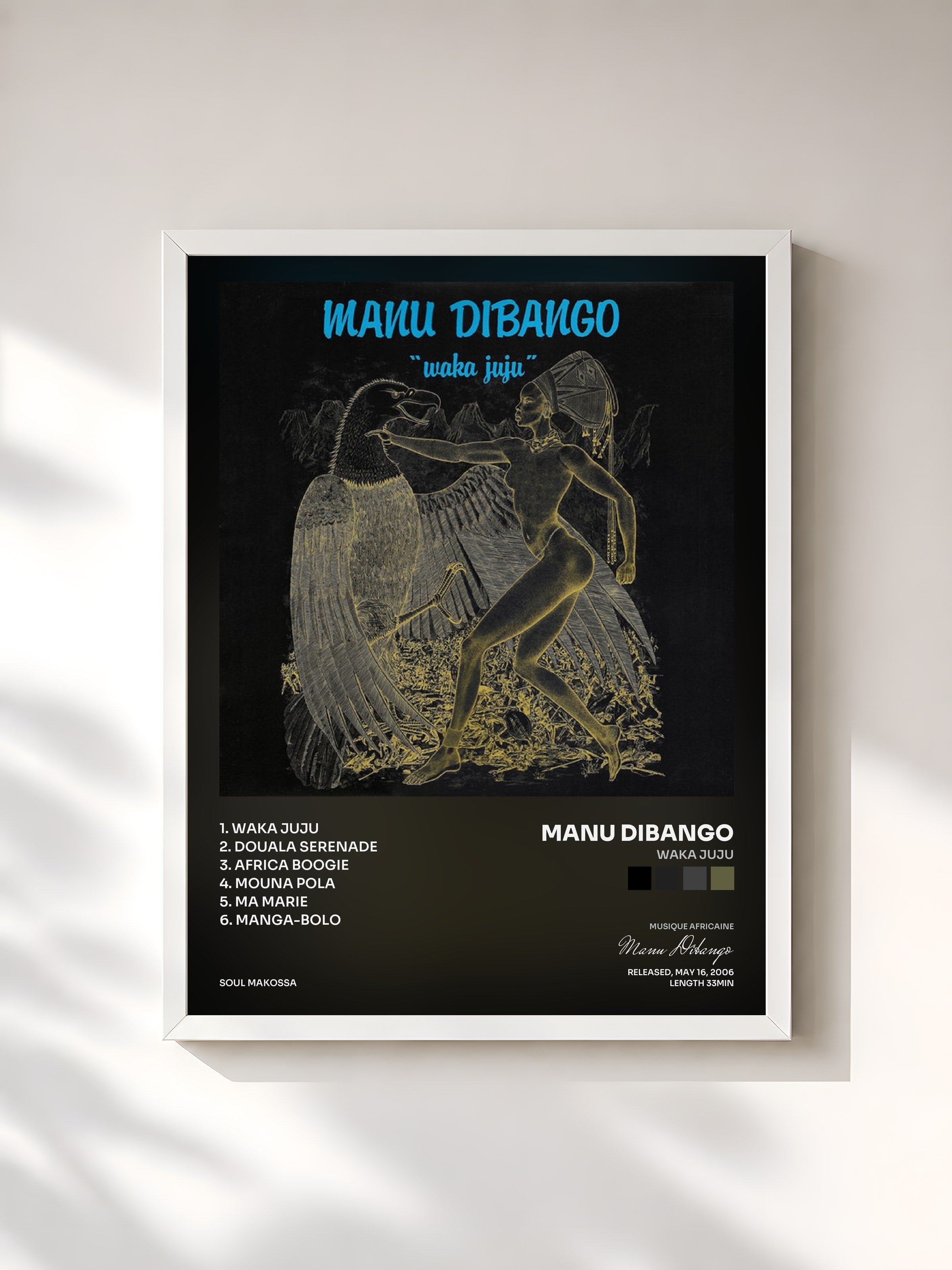 #blanc Tableau de l'album Waka Juju de Manu Dibango, cadre blanc, imprimé et encadré en France