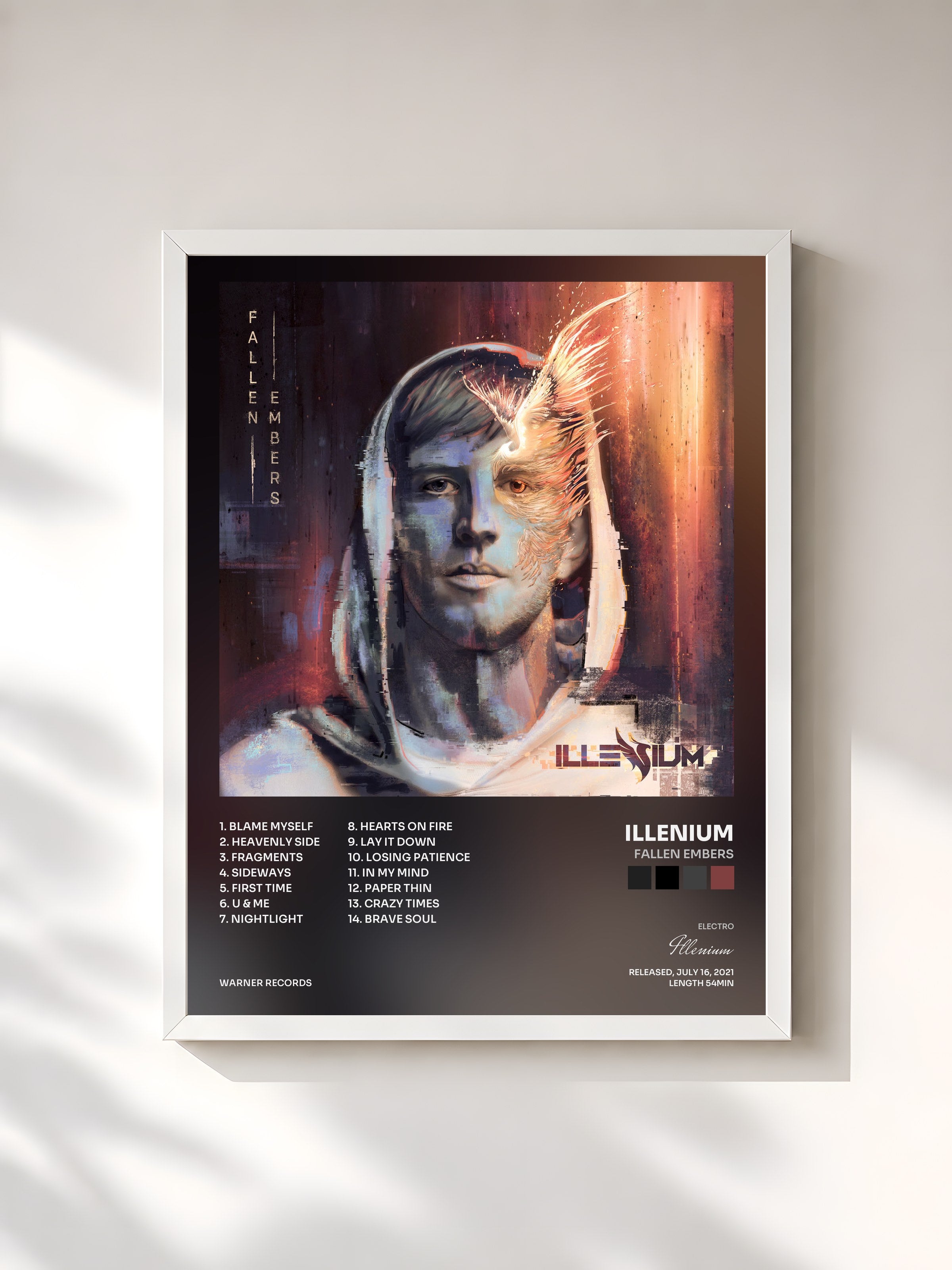 #blanc Tableau de l'album Fallen Embers de Illenium, cadre blanc, imprimé et encadré en France