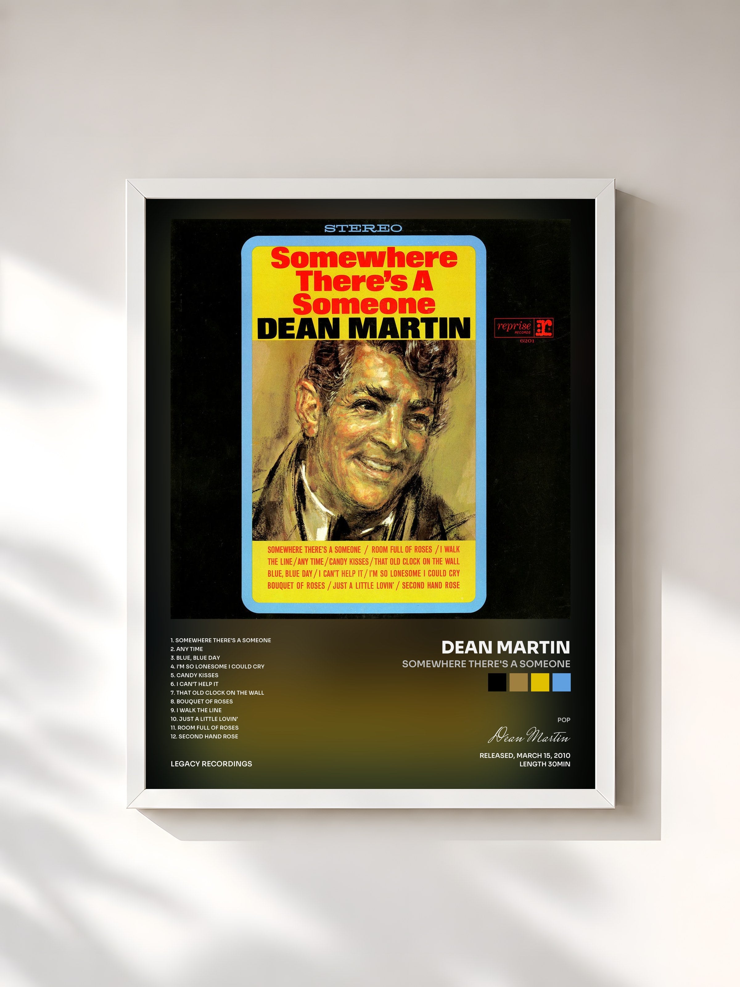 #blanc Tableau de l'album Somewhere There's a Someone de Dean Martin, cadre blanc, imprimé et encadré en France