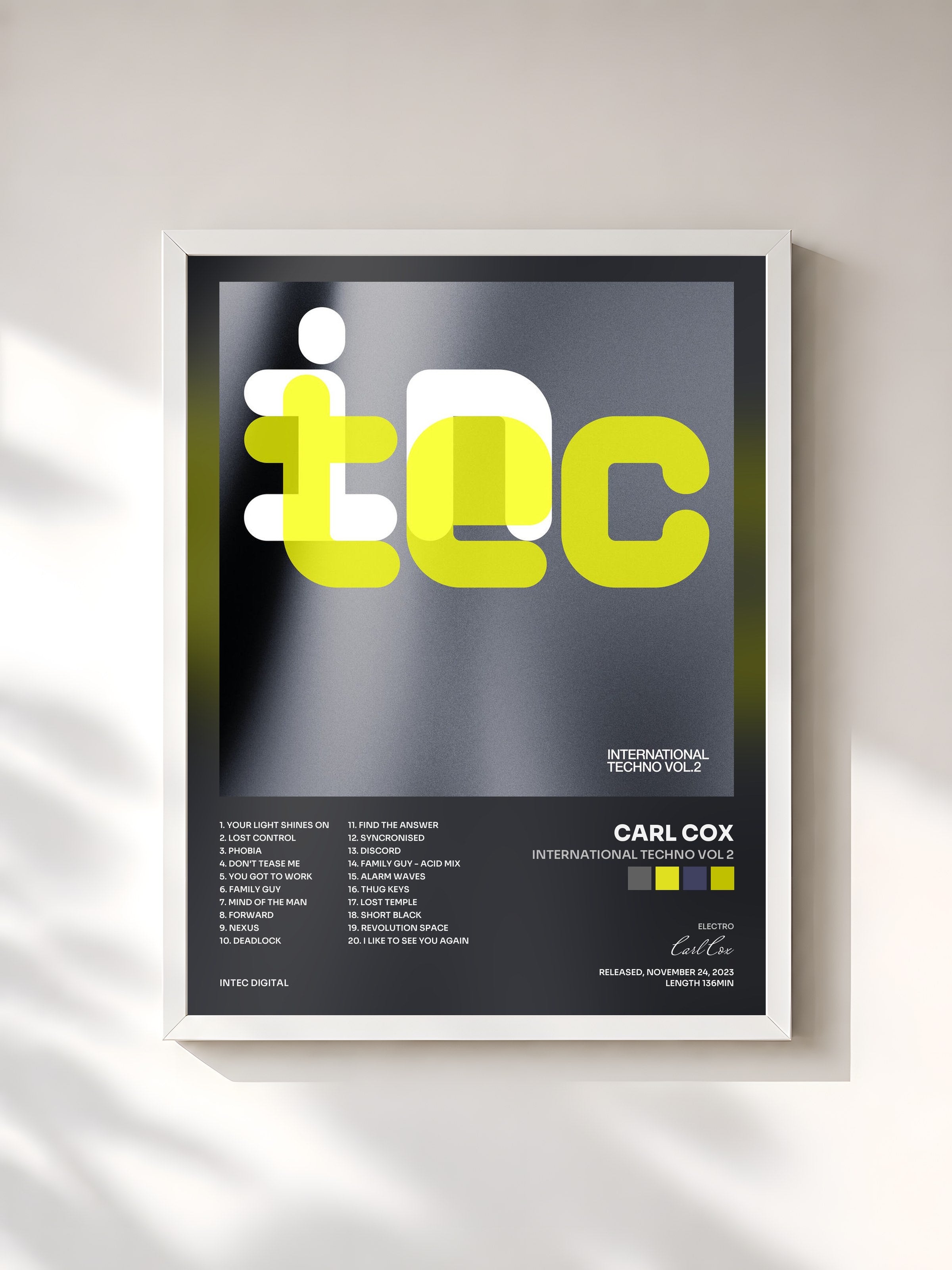 #blanc Tableau de l'album International Techno Vol 2 de Carl Cox, cadre blanc, imprimé et encadré en France