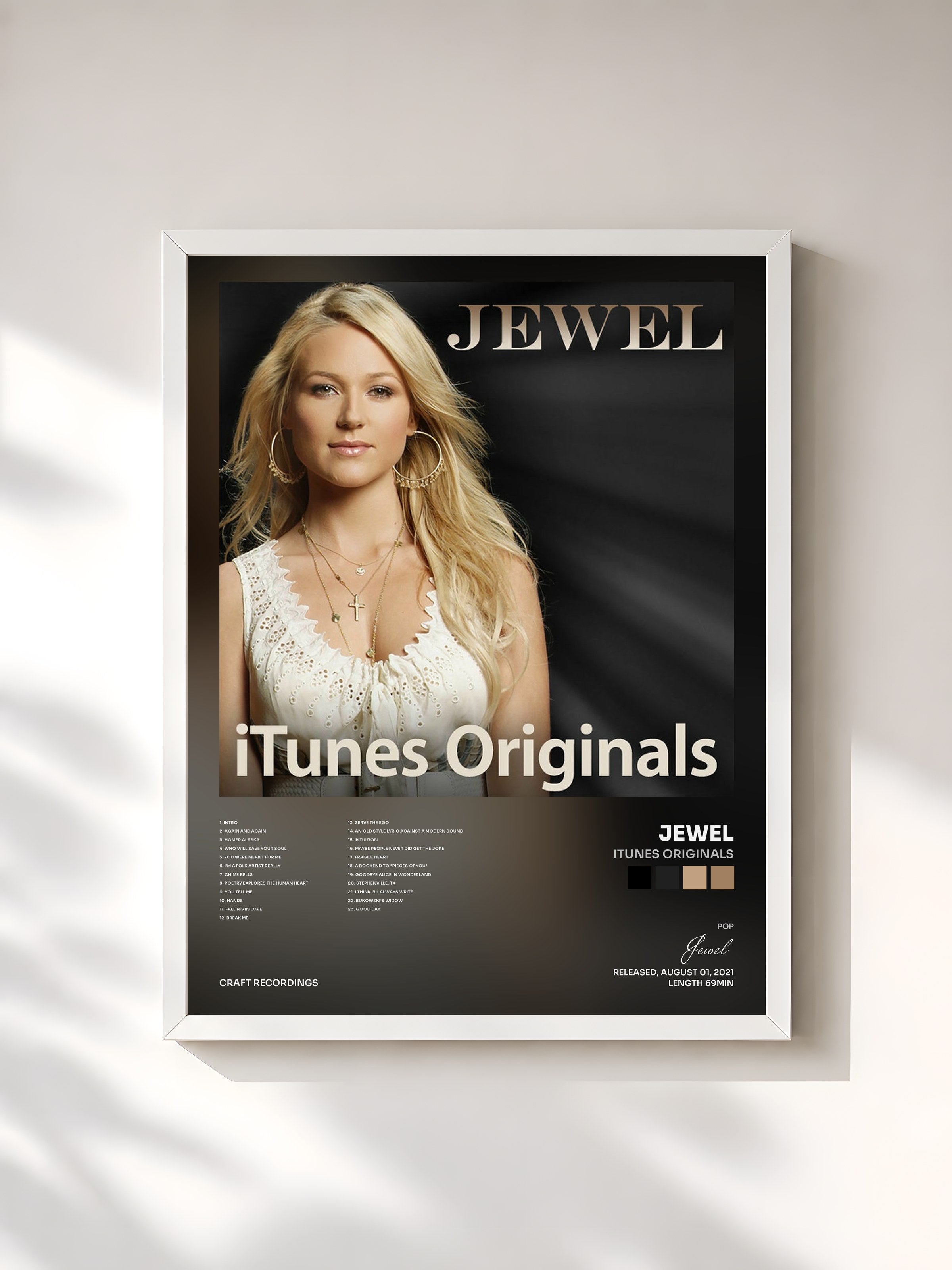 #blanc Tableau de l'album iTunes Originals de Jewel, cadre blanc, imprimé et encadré en France