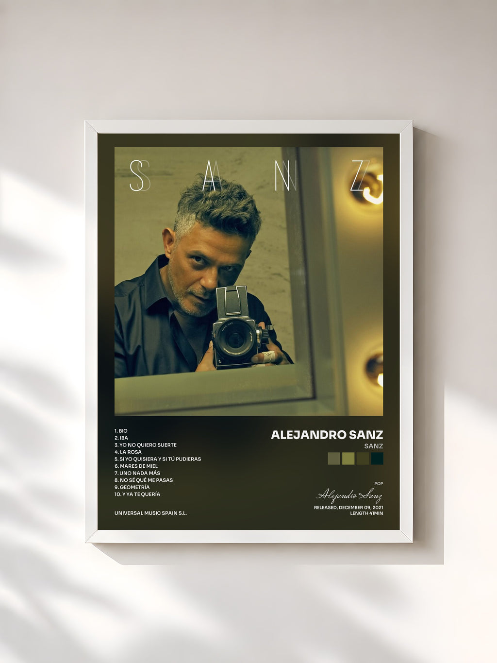#blanc Tableau de l'album Sanz de Alejandro Sanz, cadre blanc, imprimé et encadré en France