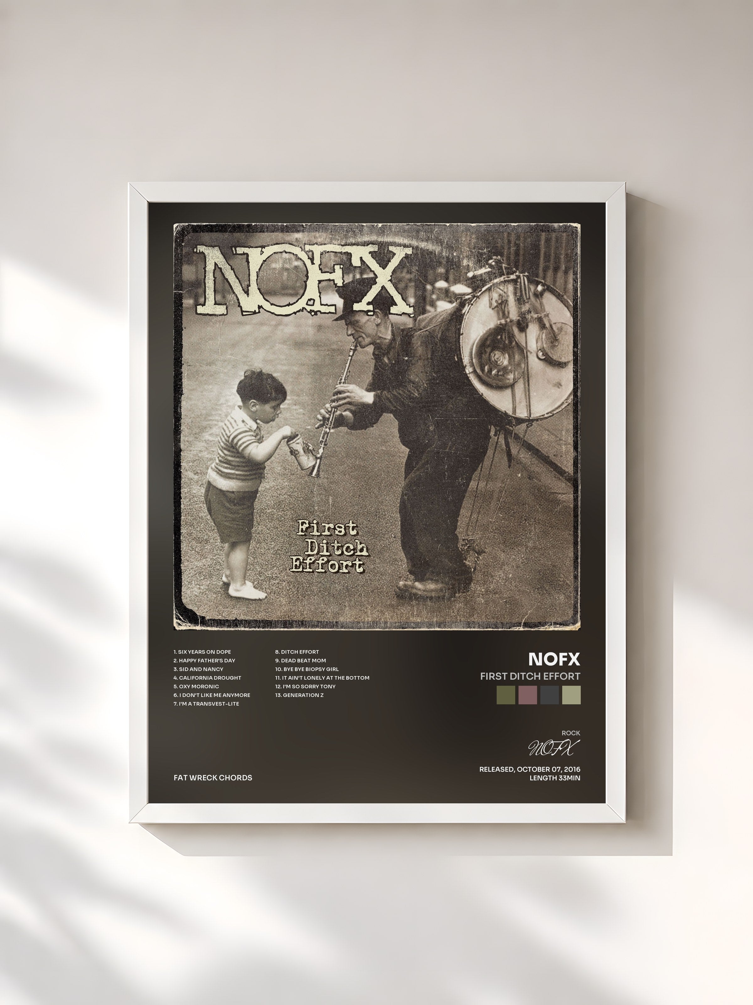#blanc Tableau de l'album First Ditch Effort de NOFX, cadre blanc, imprimé et encadré en France