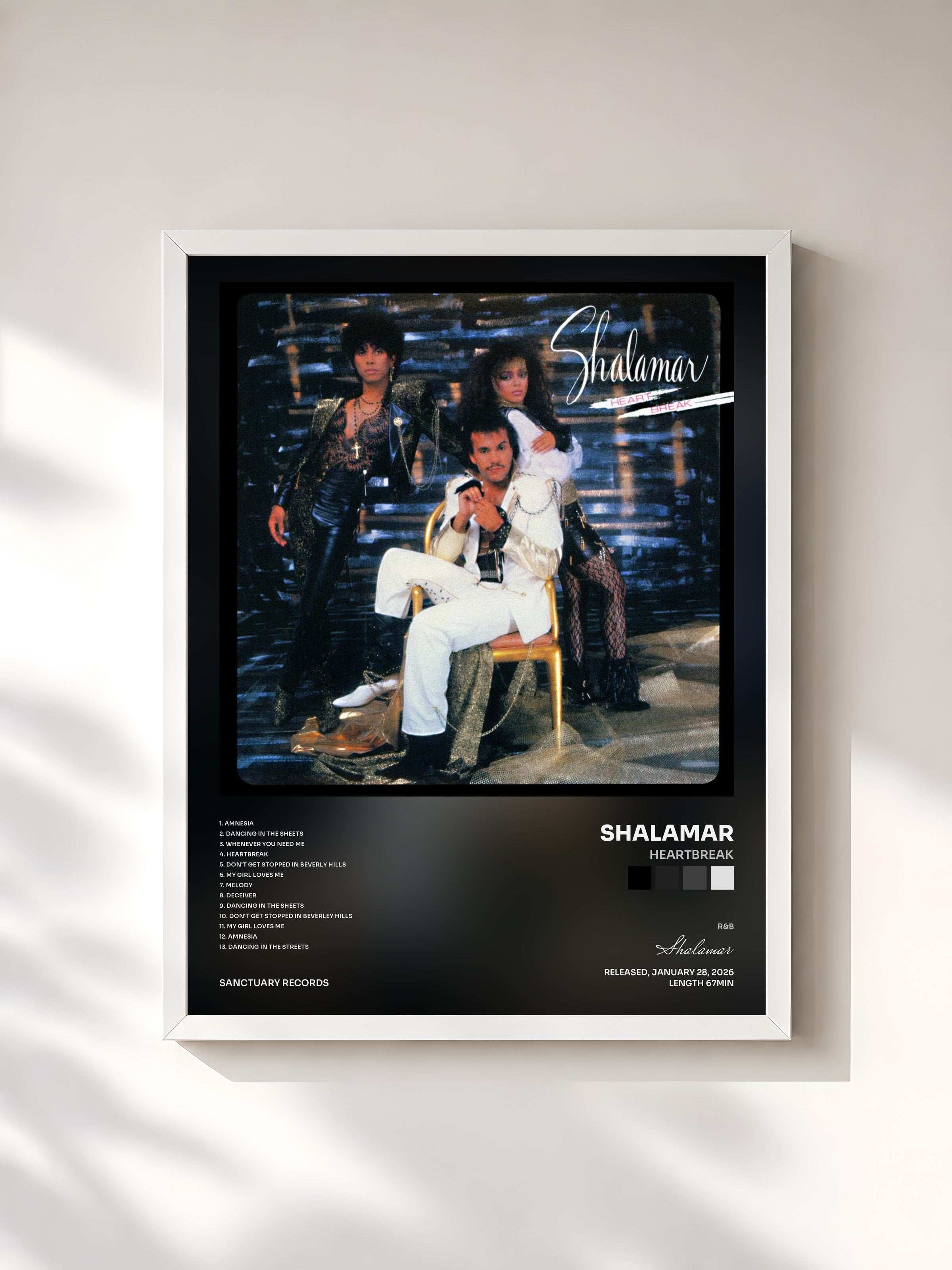 #blanc Tableau de l'album Heartbreak de Shalamar, cadre blanc, imprimé et encadré en France