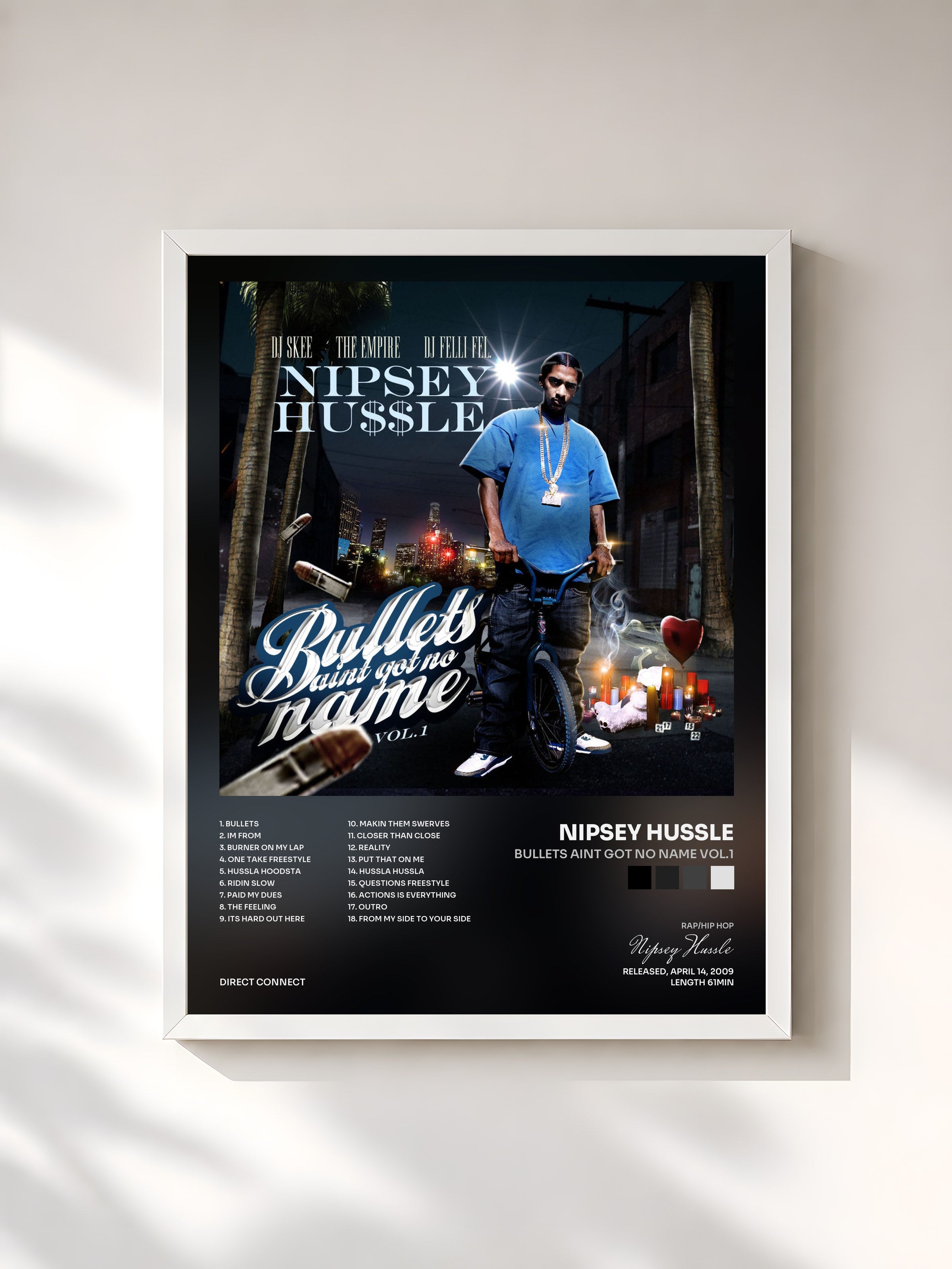 #blanc Tableau de l'album Bullets Aint Got No Name Vol.1 de Nipsey Hussle, cadre blanc, imprimé et encadré en France