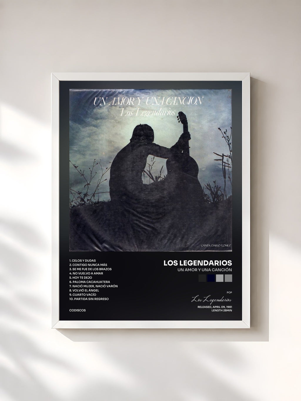 #blanc Tableau de l'album Un Amor Y Una Canción de Los Legendarios, cadre blanc, imprimé et encadré en France