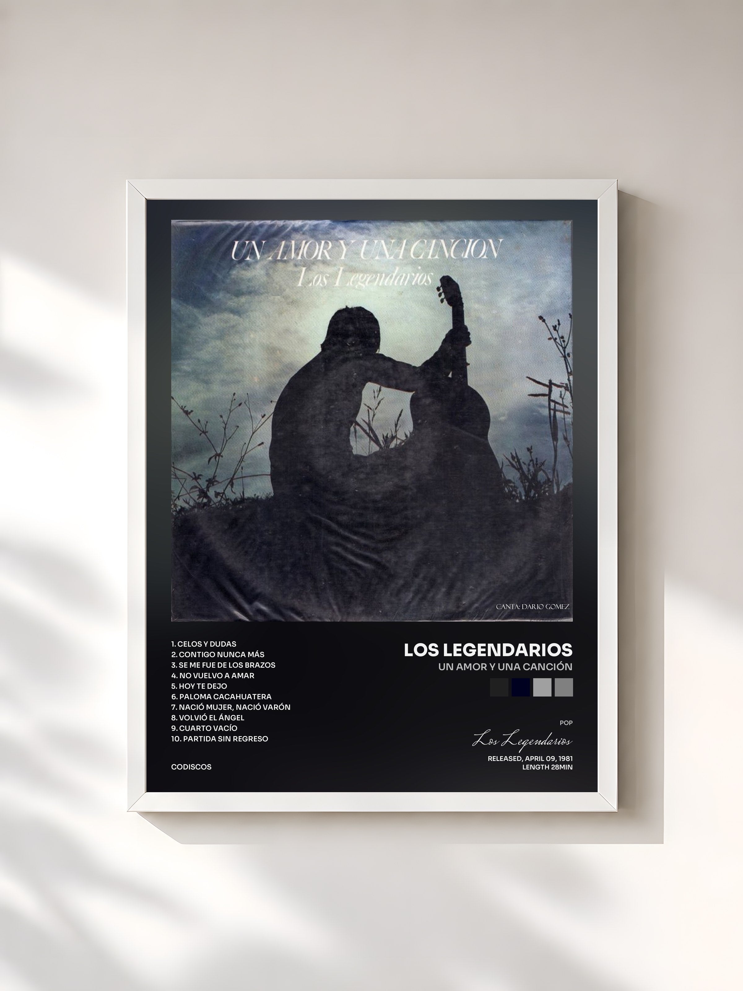 #blanc Tableau de l'album Un Amor Y Una Canción de Los Legendarios, cadre blanc, imprimé et encadré en France