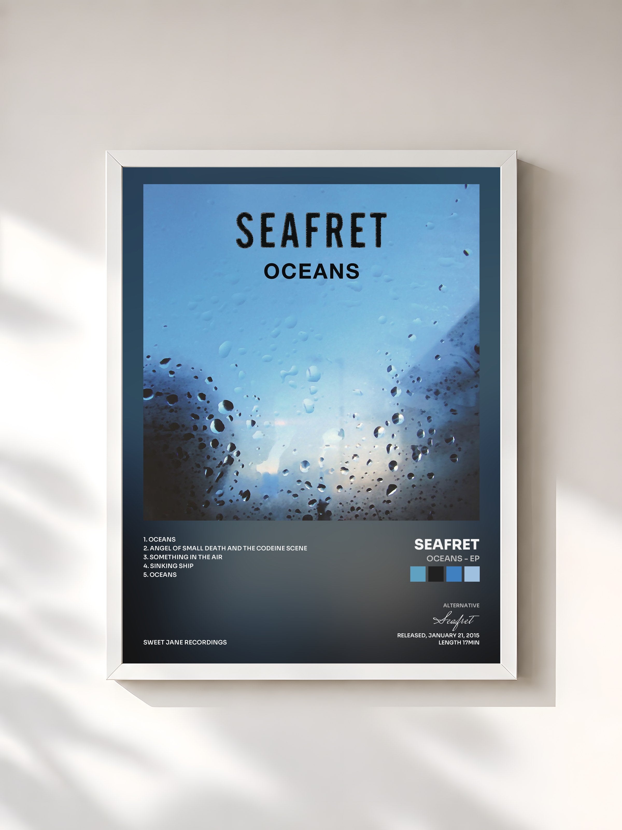 #blanc Tableau de l'album Oceans - EP de Seafret, cadre blanc, imprimé et encadré en France