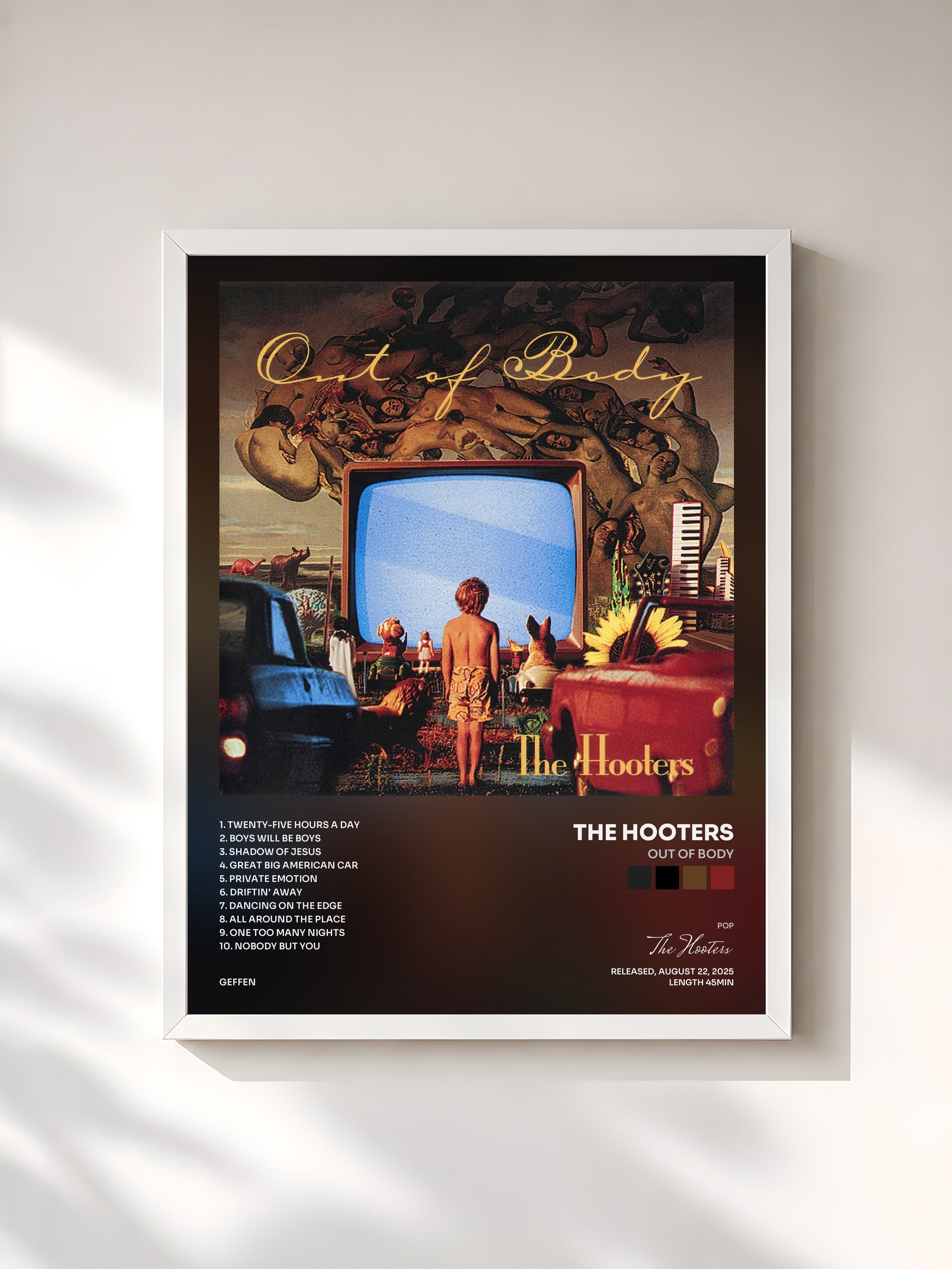 #blanc Tableau de l'album Out Of Body de The Hooters, cadre blanc, imprimé et encadré en France
