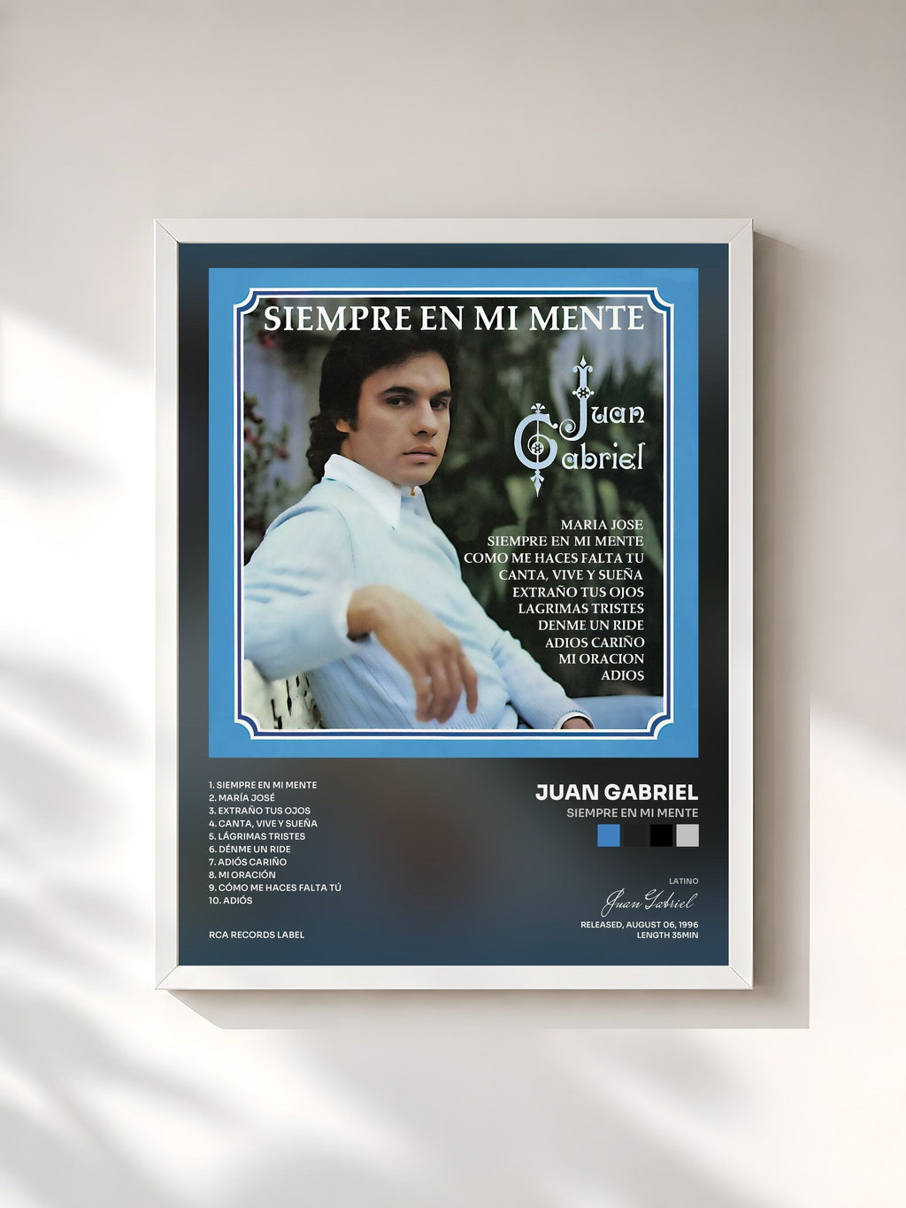 #blanc Siempre En Mi Mente by Juan Gabriel as a framed art print, white frame, printed and framed in France