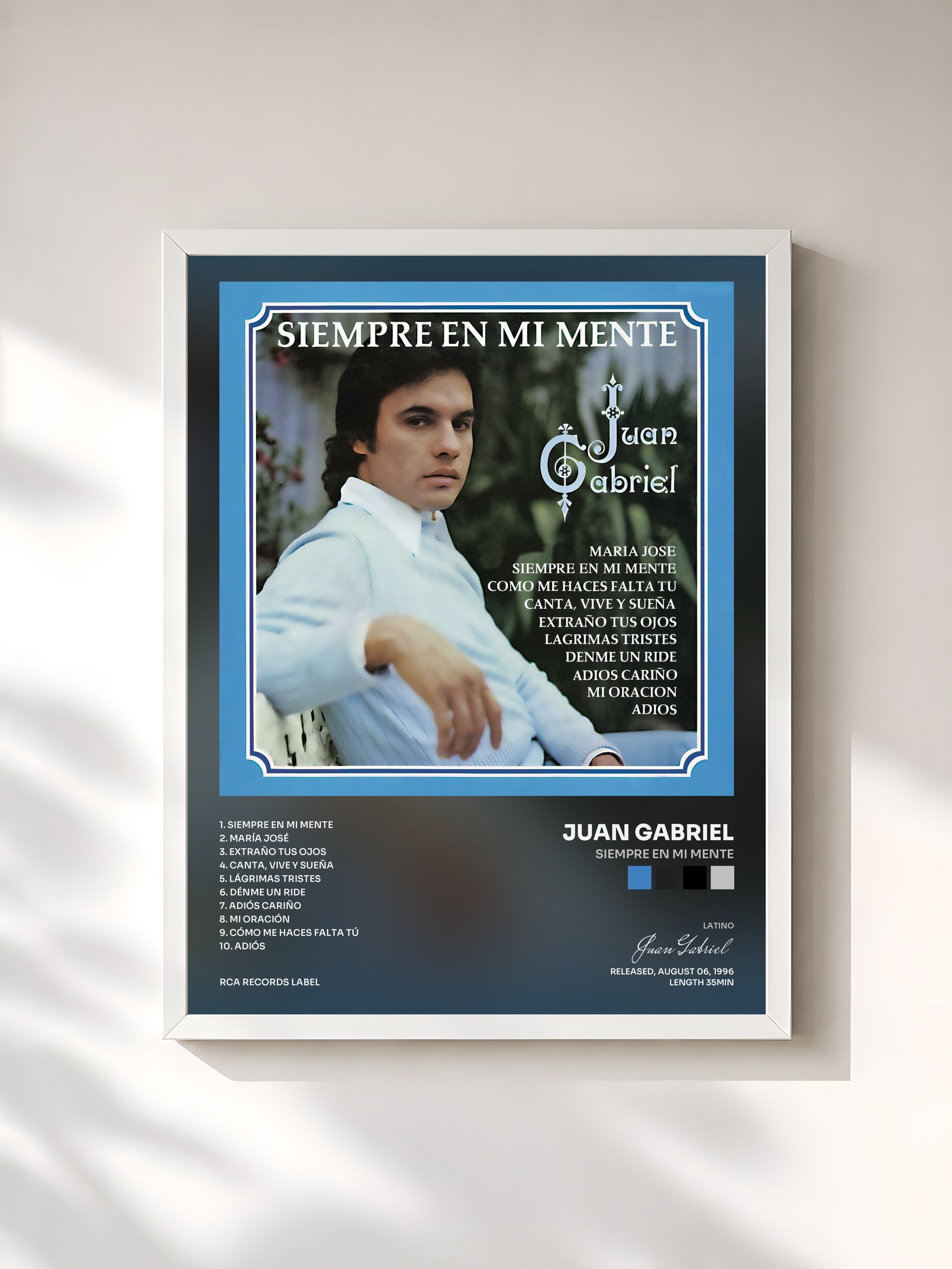 #blanc Tableau de l'album Siempre En Mi Mente de Juan Gabriel, cadre blanc, imprimé et encadré en France