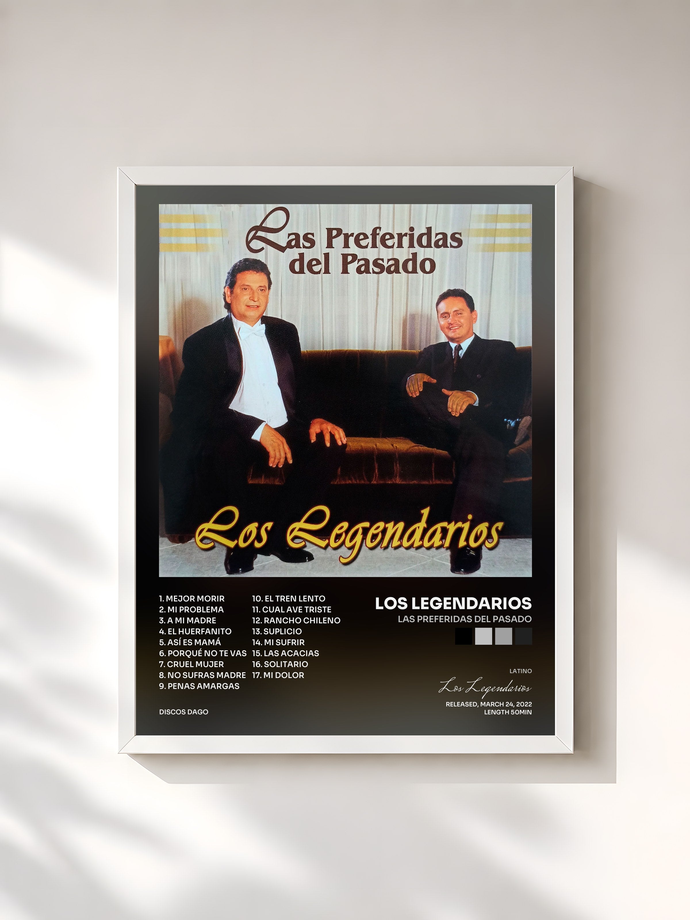 #blanc Tableau de l'album Las Preferidas del Pasado de Los Legendarios, cadre blanc, imprimé et encadré en France