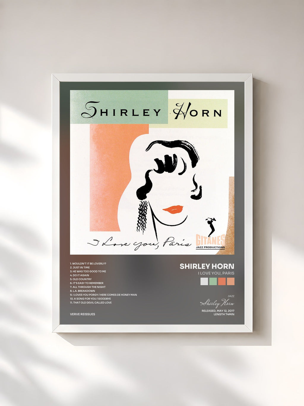 #blanc Tableau de l'album I Love You, Paris de Shirley Horn, cadre blanc, imprimé et encadré en France