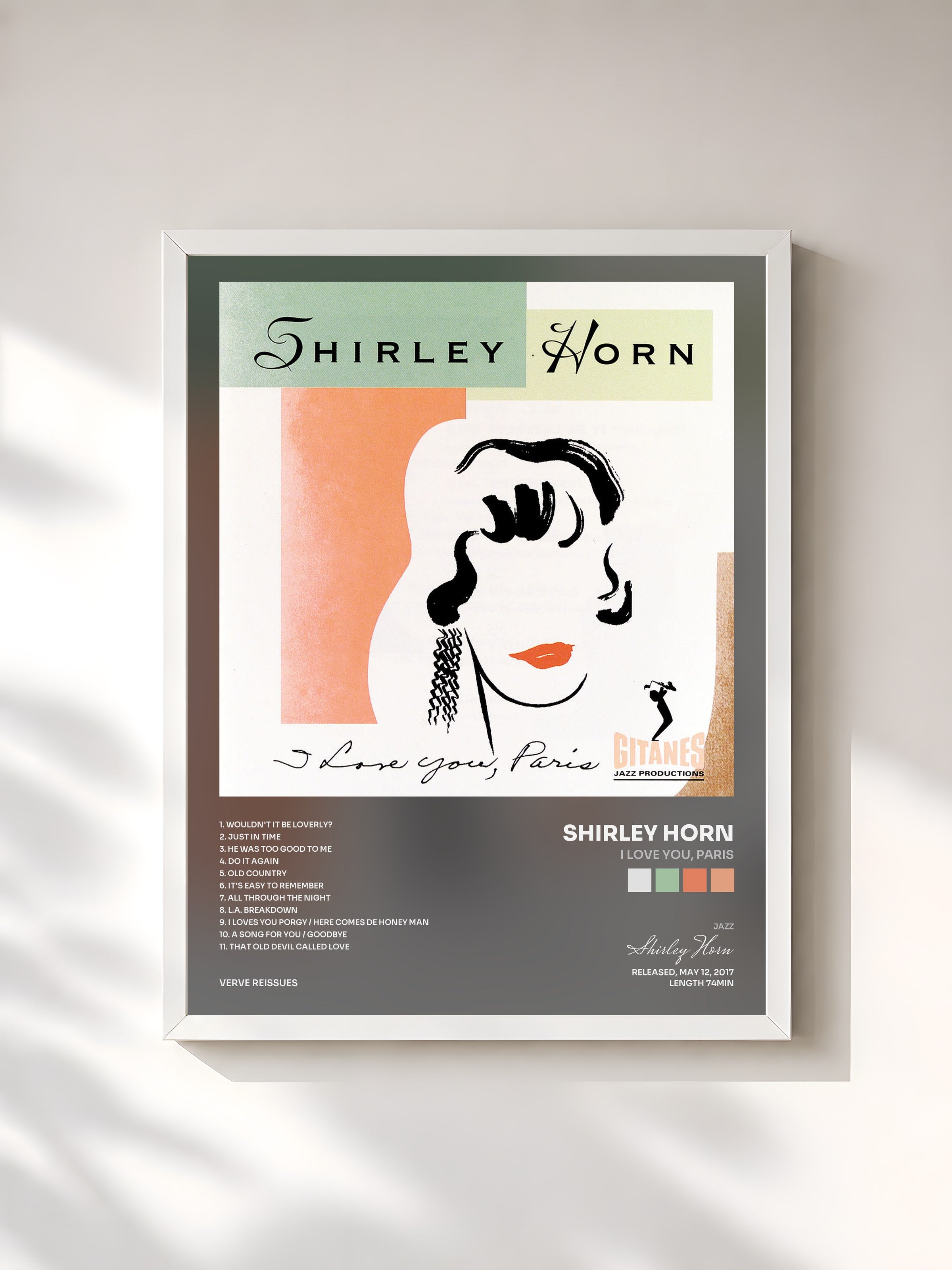 #blanc Tableau de l'album I Love You, Paris de Shirley Horn, cadre blanc, imprimé et encadré en France