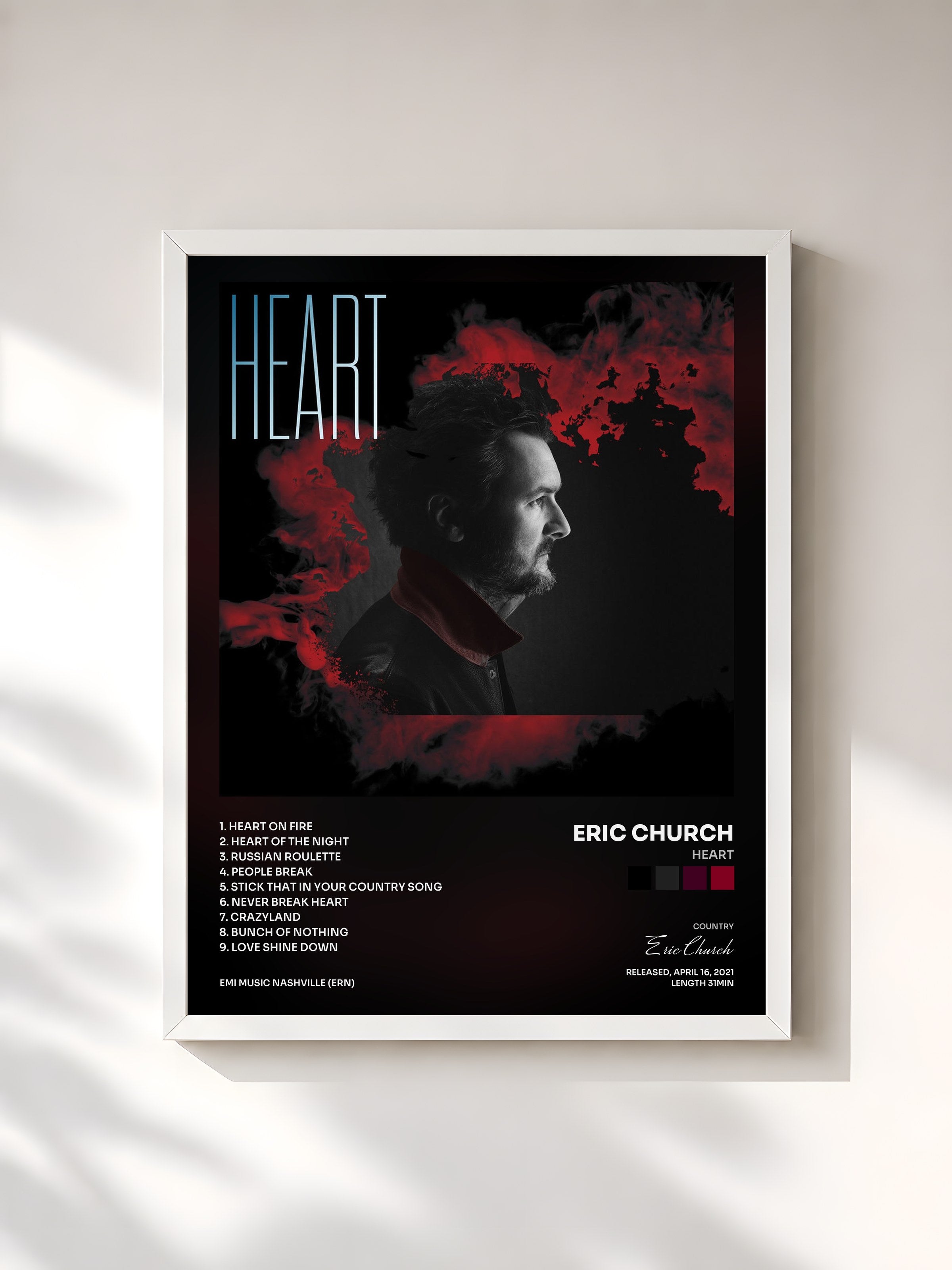 #blanc Tableau de l'album Heart de Eric Church, cadre blanc, imprimé et encadré en France