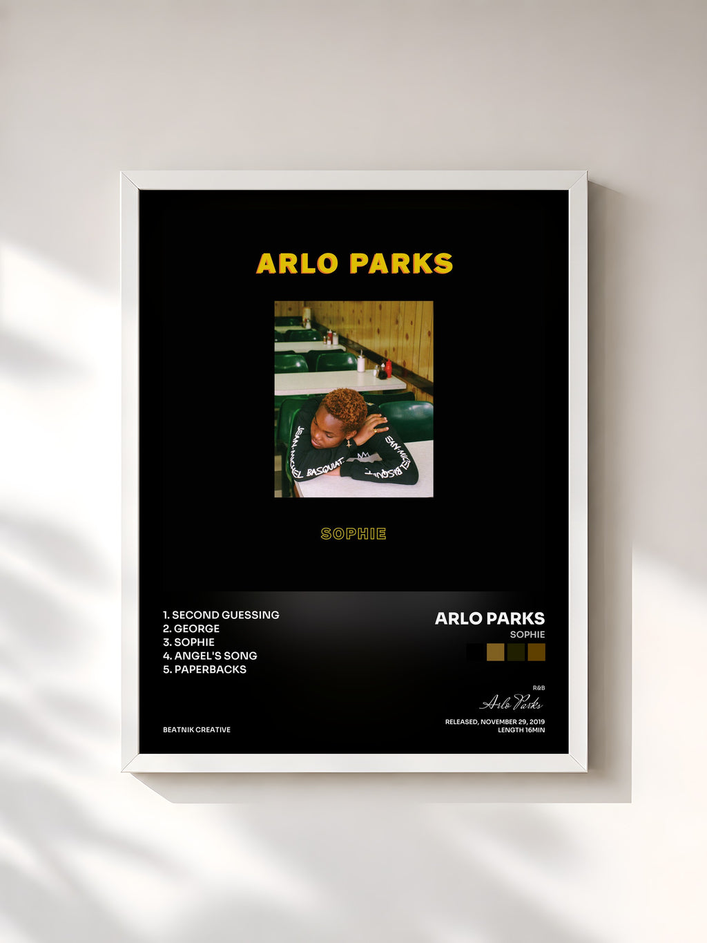 #blanc Tableau de l'album Sophie de Arlo Parks, cadre blanc, imprimé et encadré en France