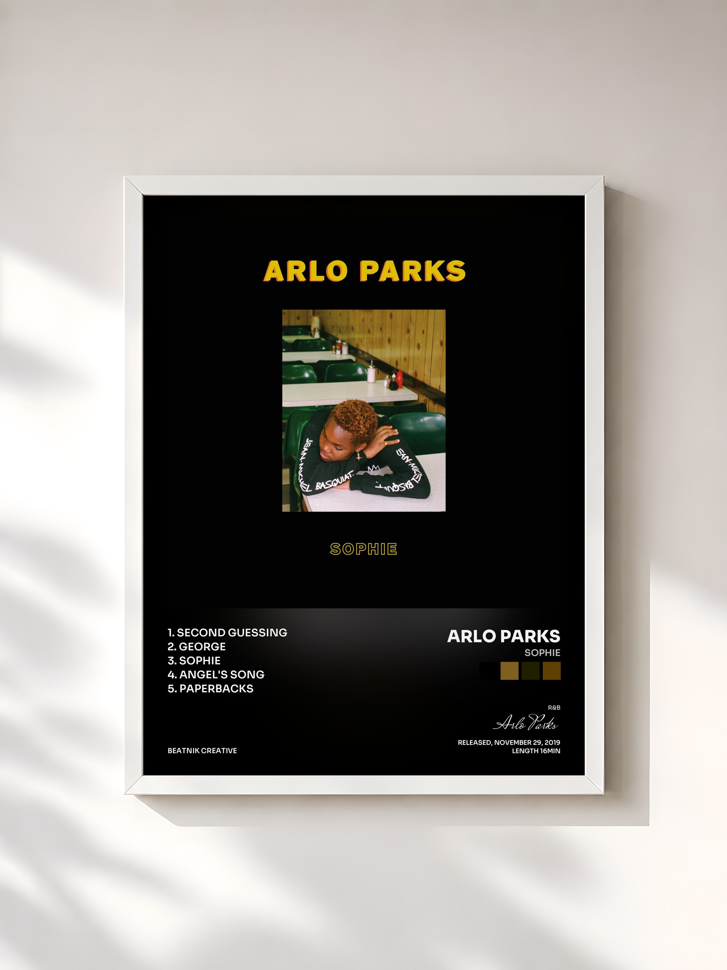 #blanc Tableau de l'album Sophie de Arlo Parks, cadre blanc, imprimé et encadré en France