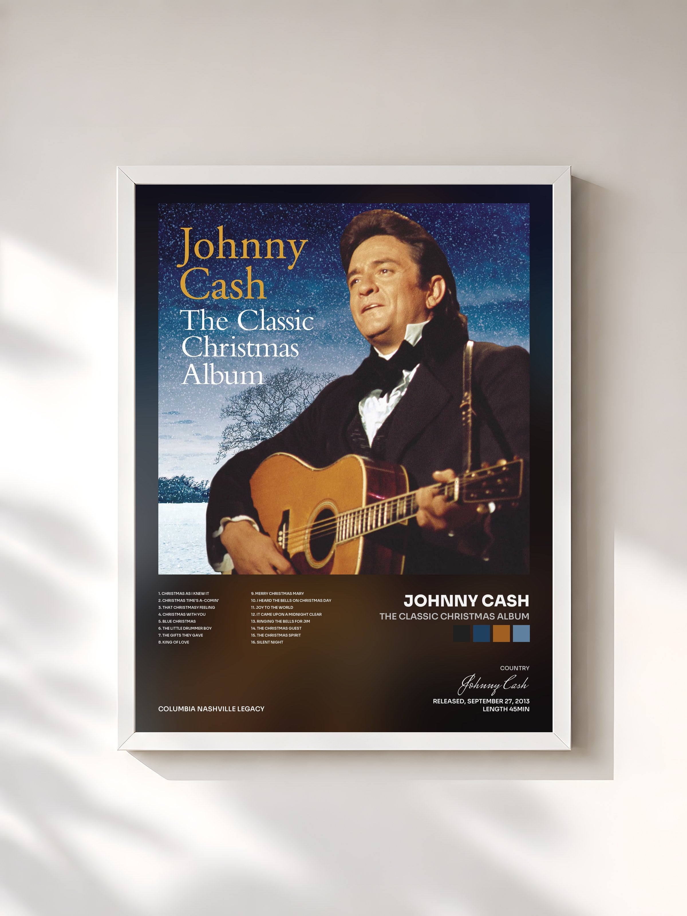 #blanc Tableau de l'album The Classic Christmas Album de Johnny Cash, cadre blanc, imprimé et encadré en France