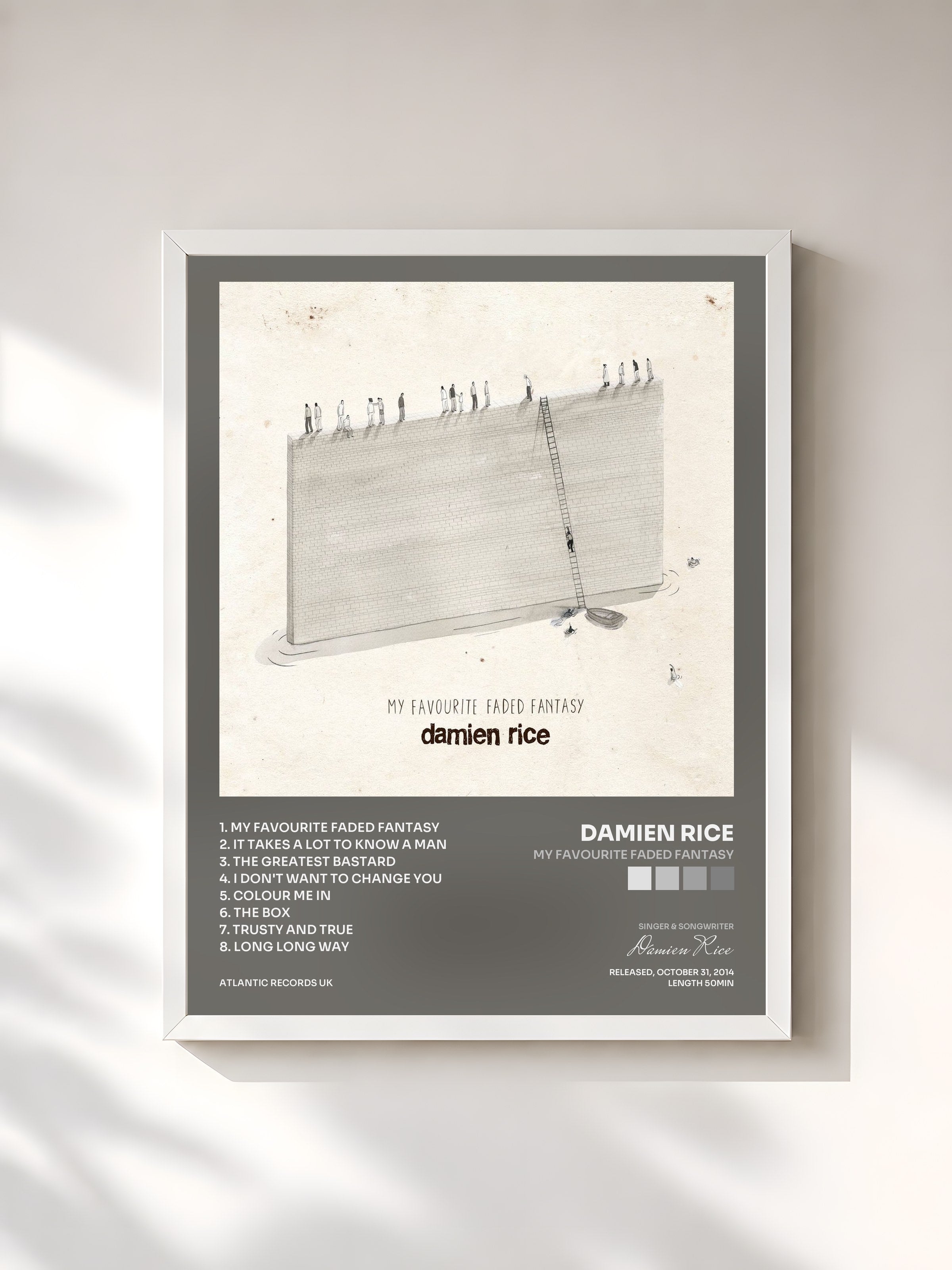 #blanc Tableau de l'album My Favourite Faded Fantasy de Damien Rice, cadre blanc, imprimé et encadré en France