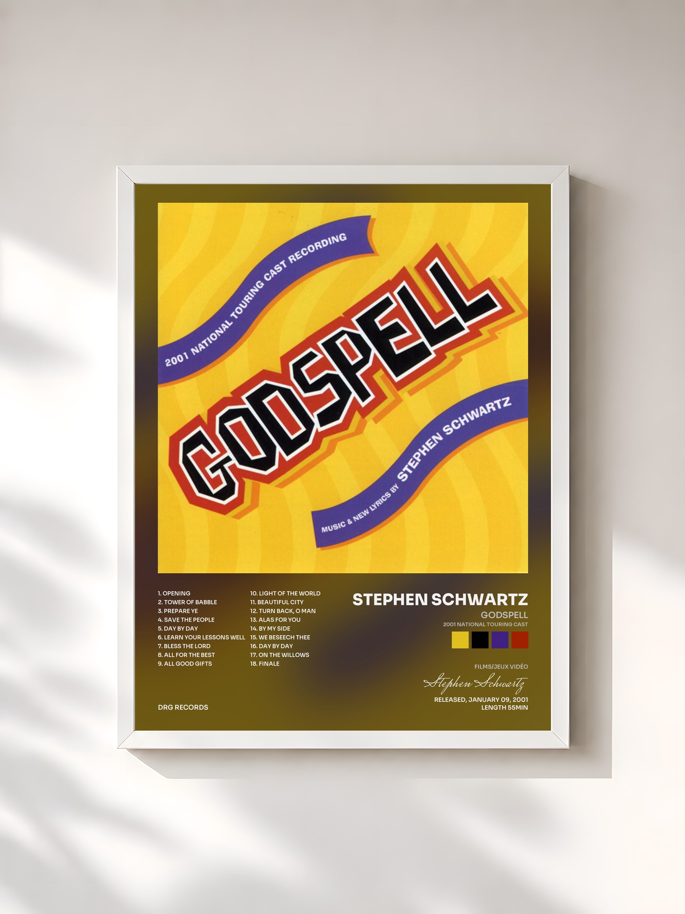 #blanc Tableau de l'album Godspell (2001 National Touring Cast) de Stephen Schwartz, cadre blanc, imprimé et encadré en France