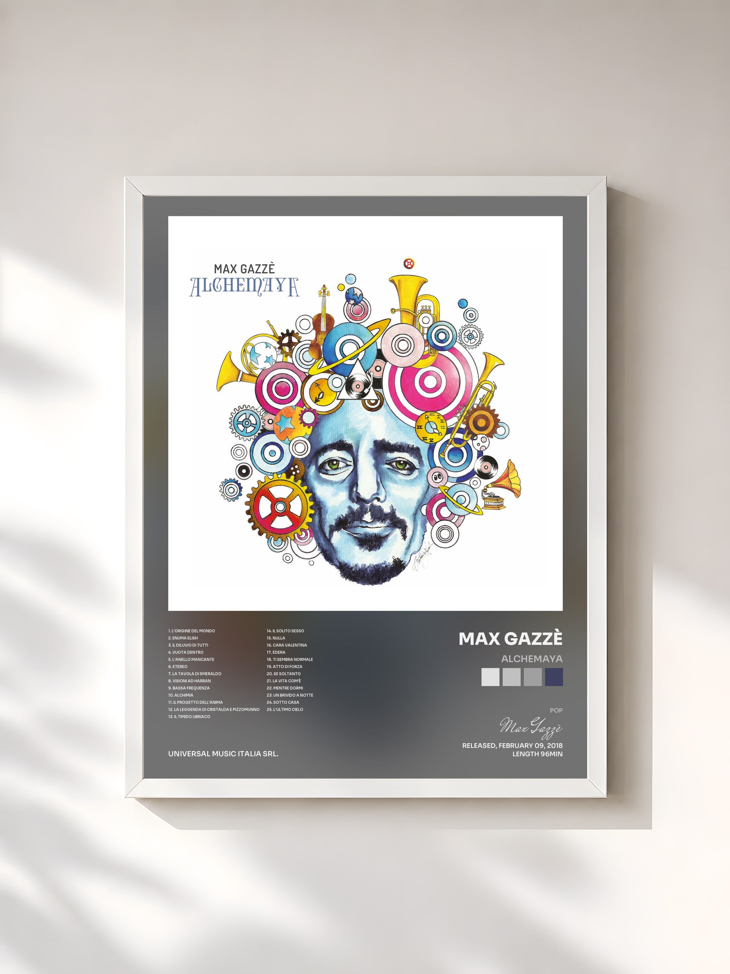 #blanc Tableau de l'album Alchemaya de Max Gazzè, cadre blanc, imprimé et encadré en France