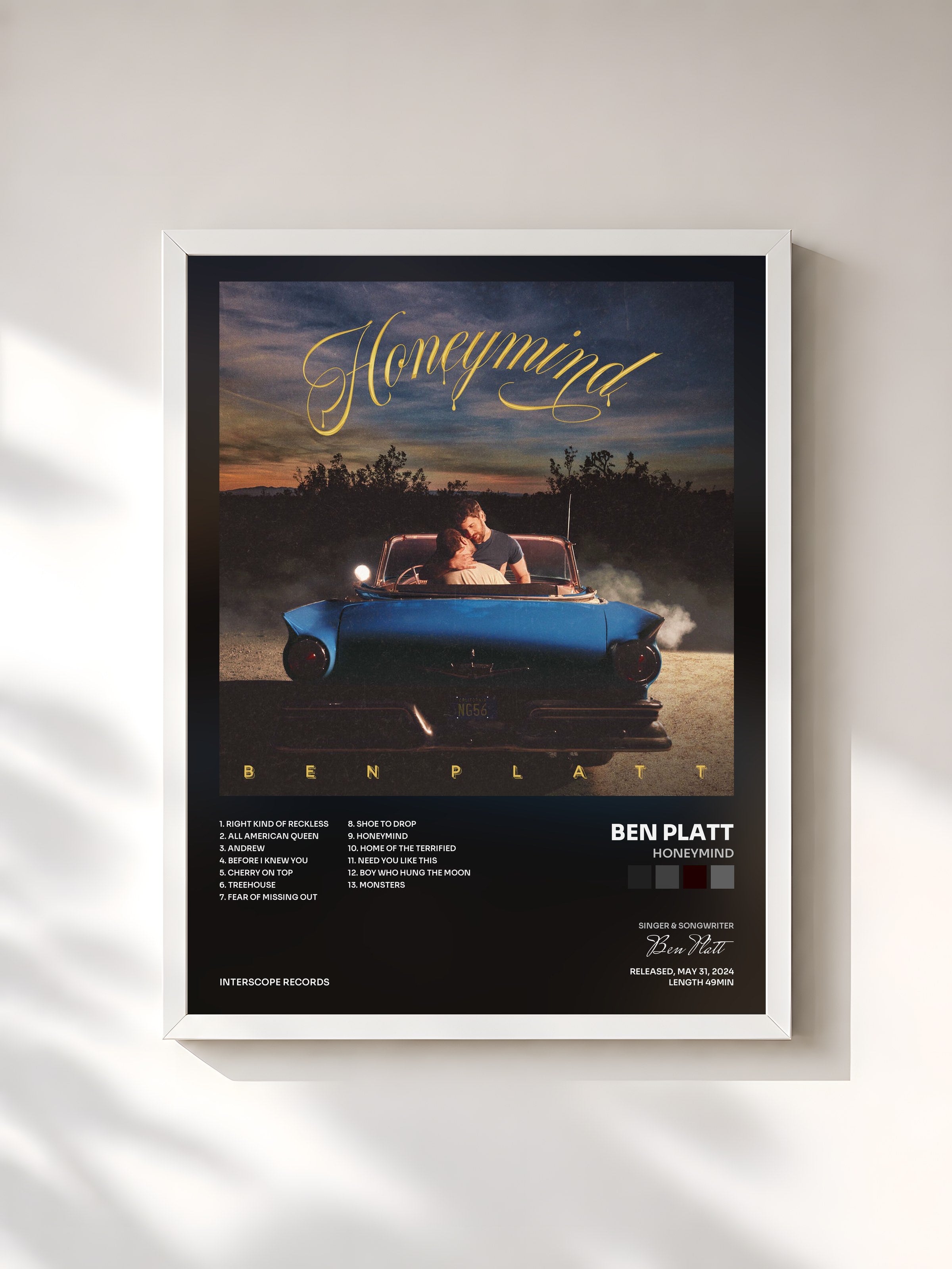 #blanc Tableau de l'album Honeymind de Ben Platt, cadre blanc, imprimé et encadré en France