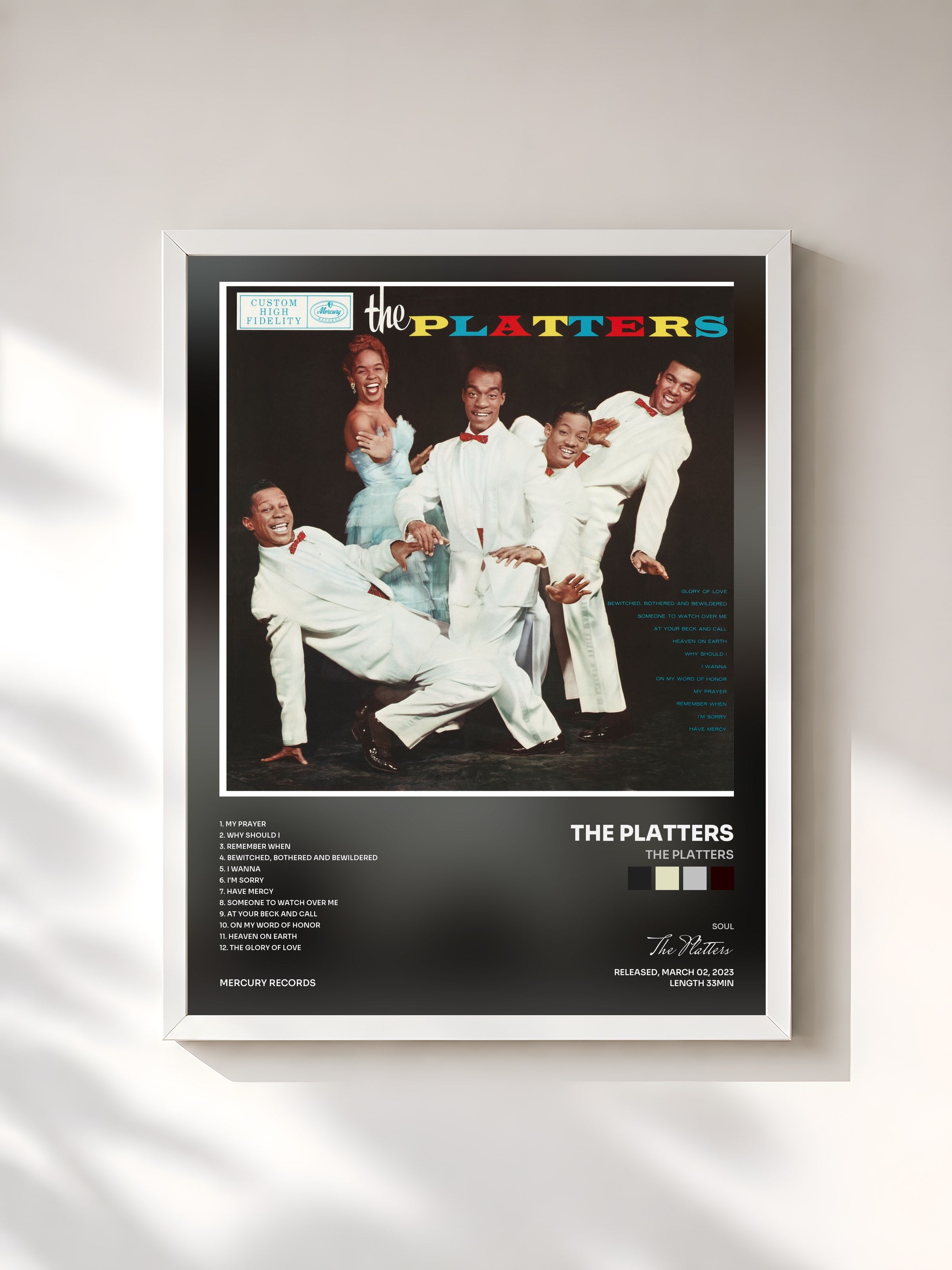 #blanc Tableau de l'album The Platters de The Platters, cadre blanc, imprimé et encadré en France