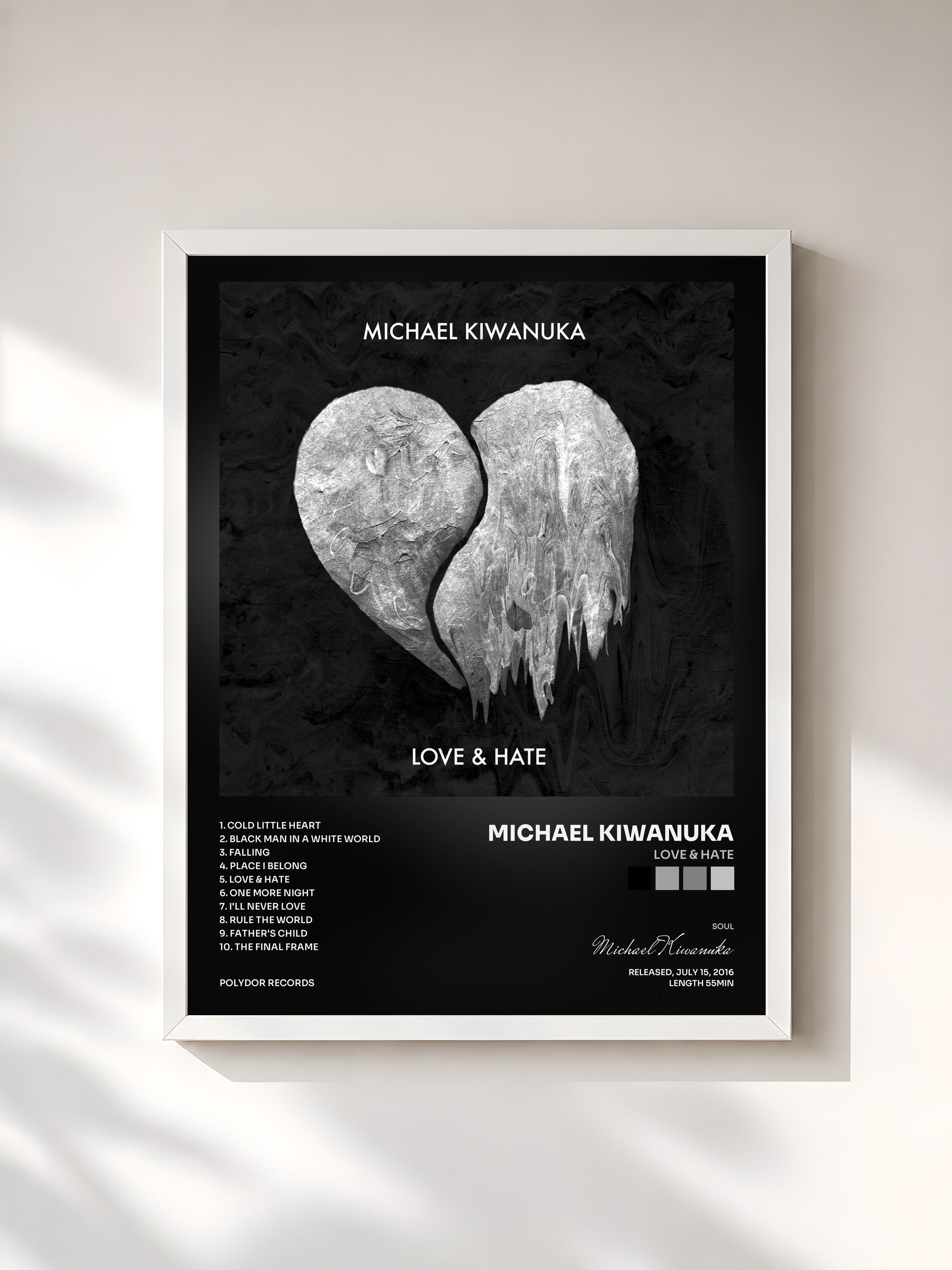 #blanc Tableau de l'album Love & Hate de Michael Kiwanuka, cadre blanc, imprimé et encadré en France