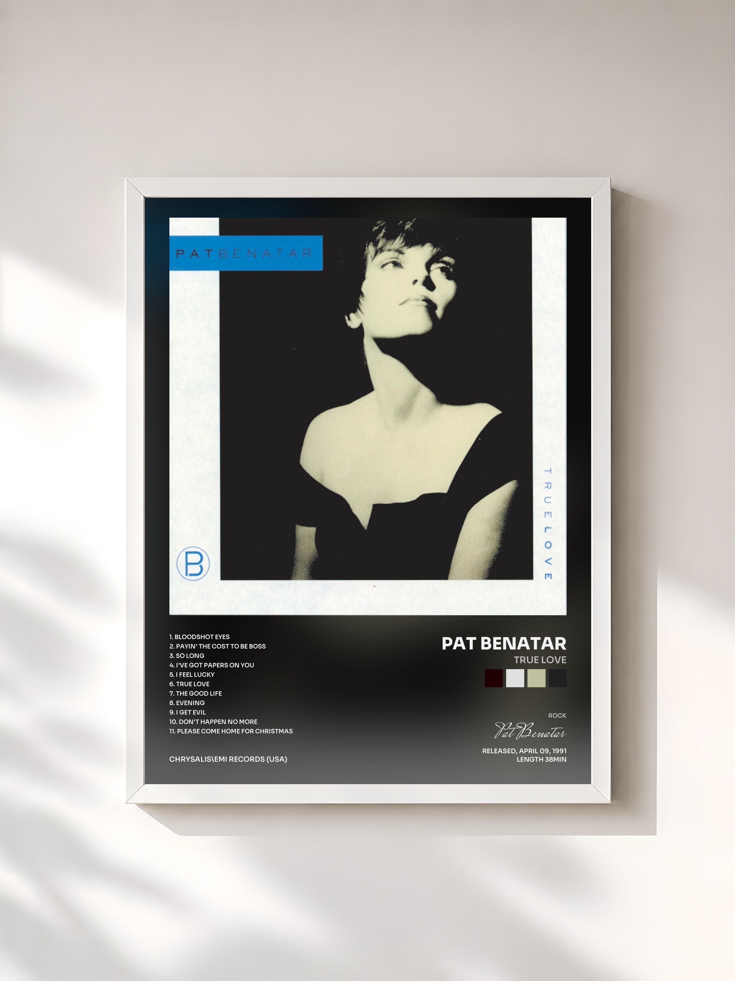 #blanc Tableau de l'album True Love de Pat Benatar, cadre blanc, imprimé et encadré en France