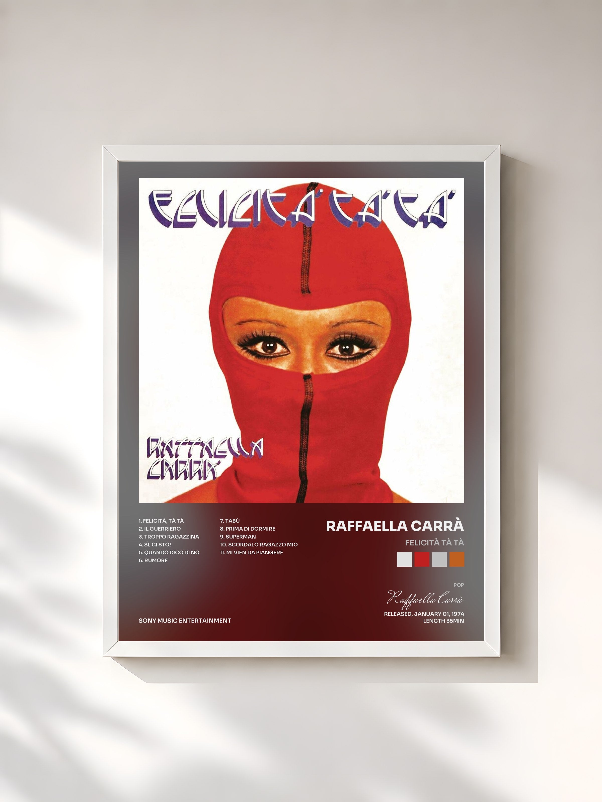 #blanc Tableau de l'album Felicità Tà Tà de Raffaella Carrà, cadre blanc, imprimé et encadré en France