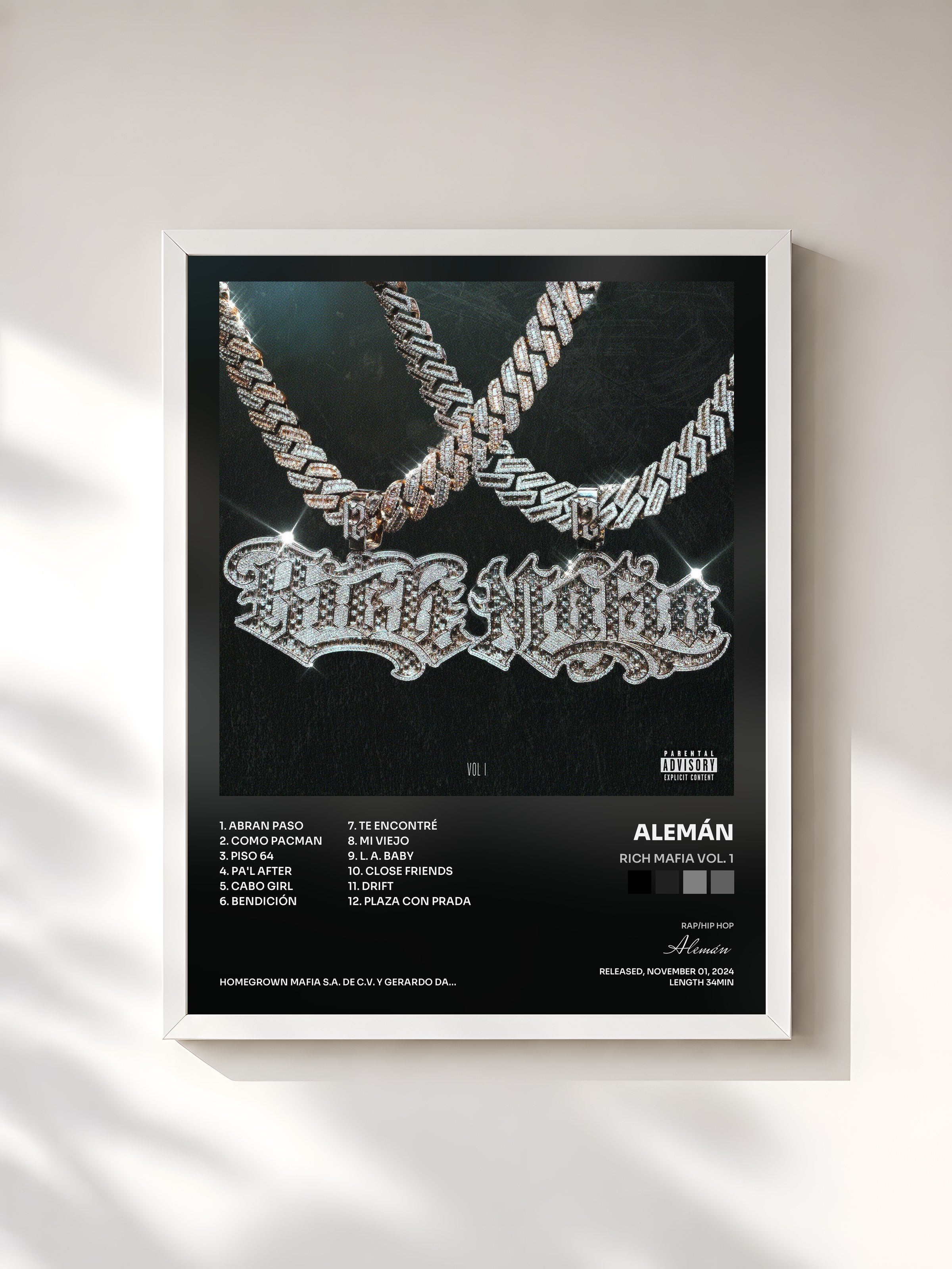 #blanc Tableau de l'album Rich Mafia Vol. 1 de Alemán, cadre blanc, imprimé et encadré en France