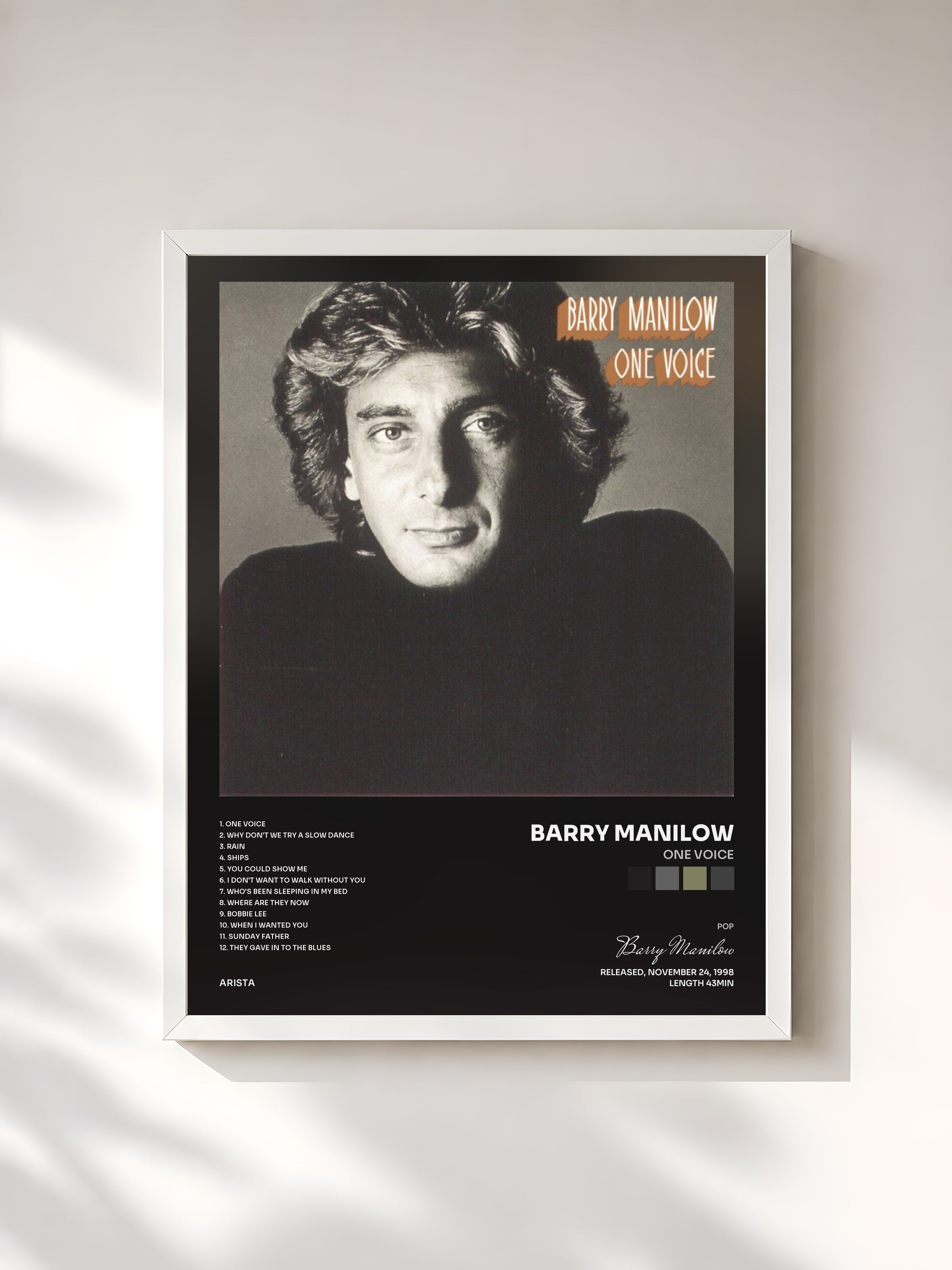 #blanc Tableau de l'album One Voice de Barry Manilow, cadre blanc, imprimé et encadré en France