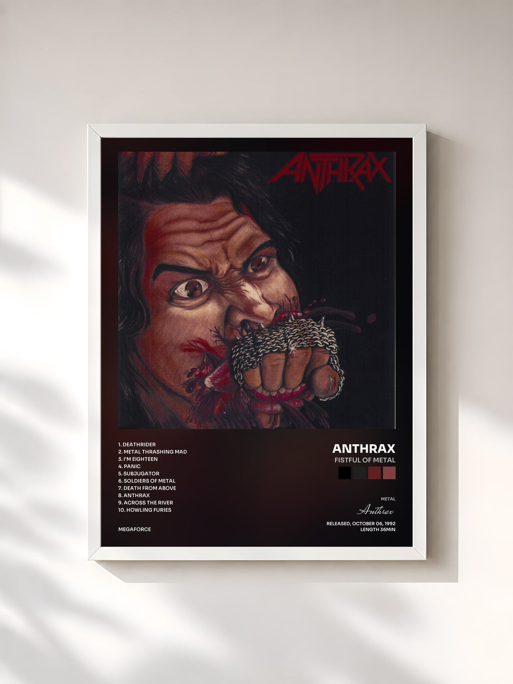 #blanc Tableau de l'album Fistful of Metal de Anthrax, cadre blanc, imprimé et encadré en France