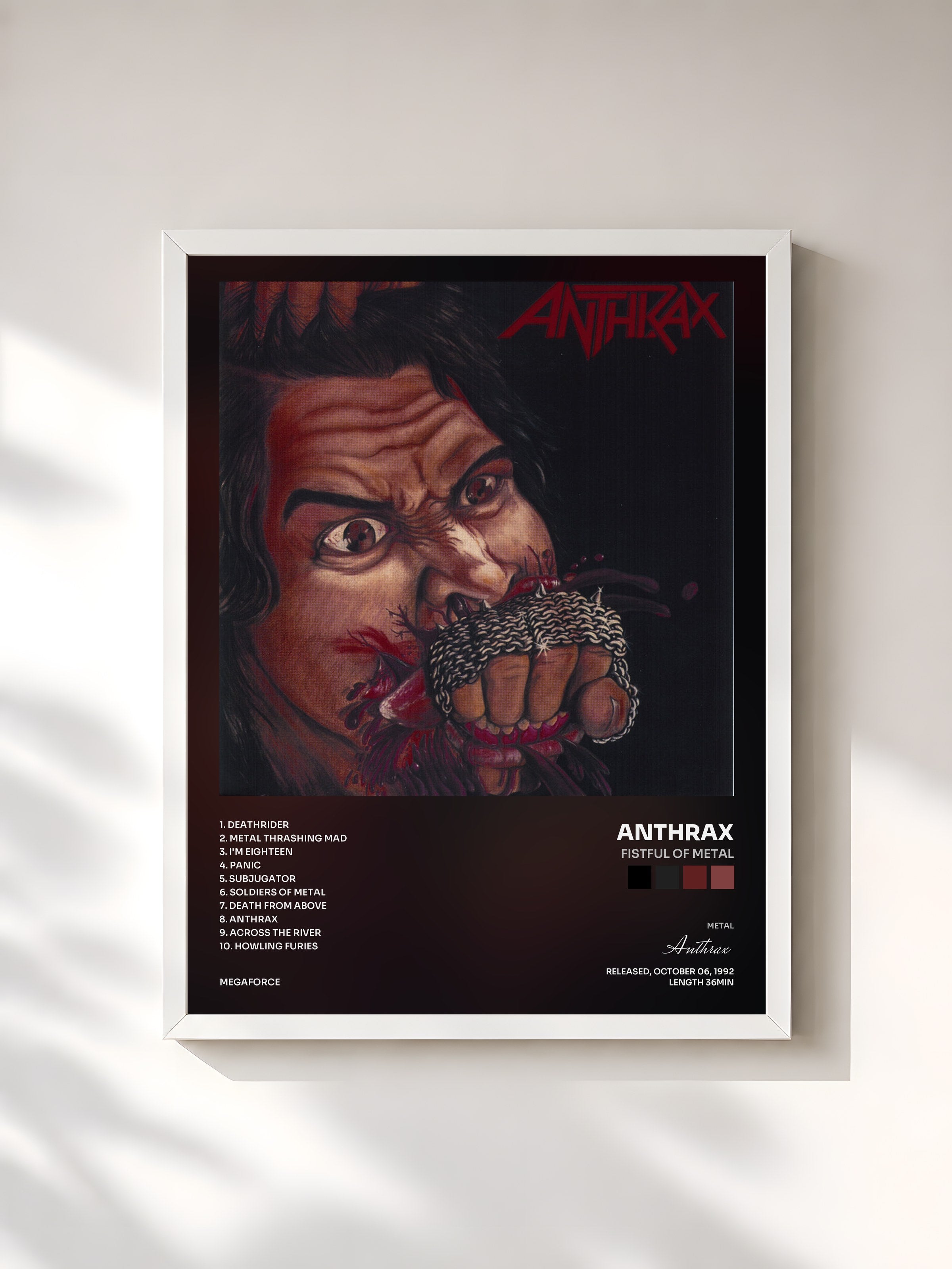 #blanc Tableau de l'album Fistful of Metal de Anthrax, cadre blanc, imprimé et encadré en France