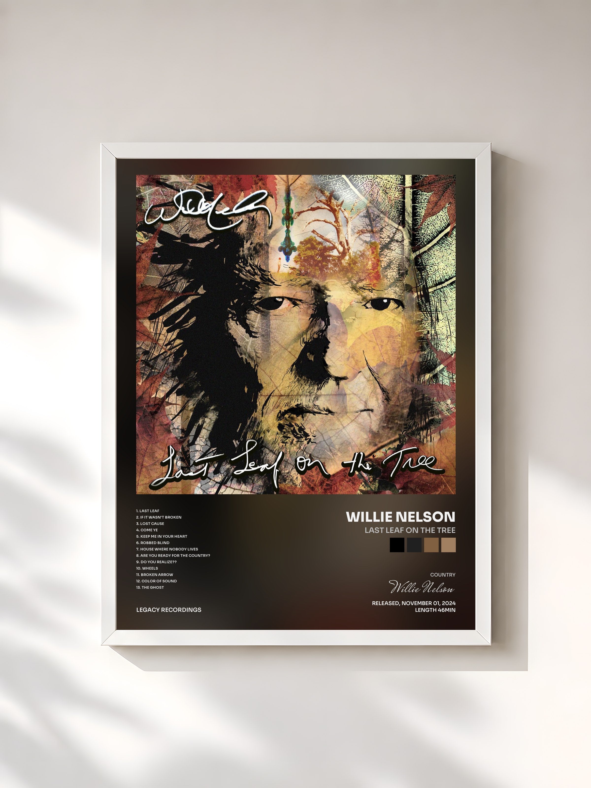 #blanc Tableau de l'album Last Leaf On The Tree de Willie Nelson, cadre blanc, imprimé et encadré en France