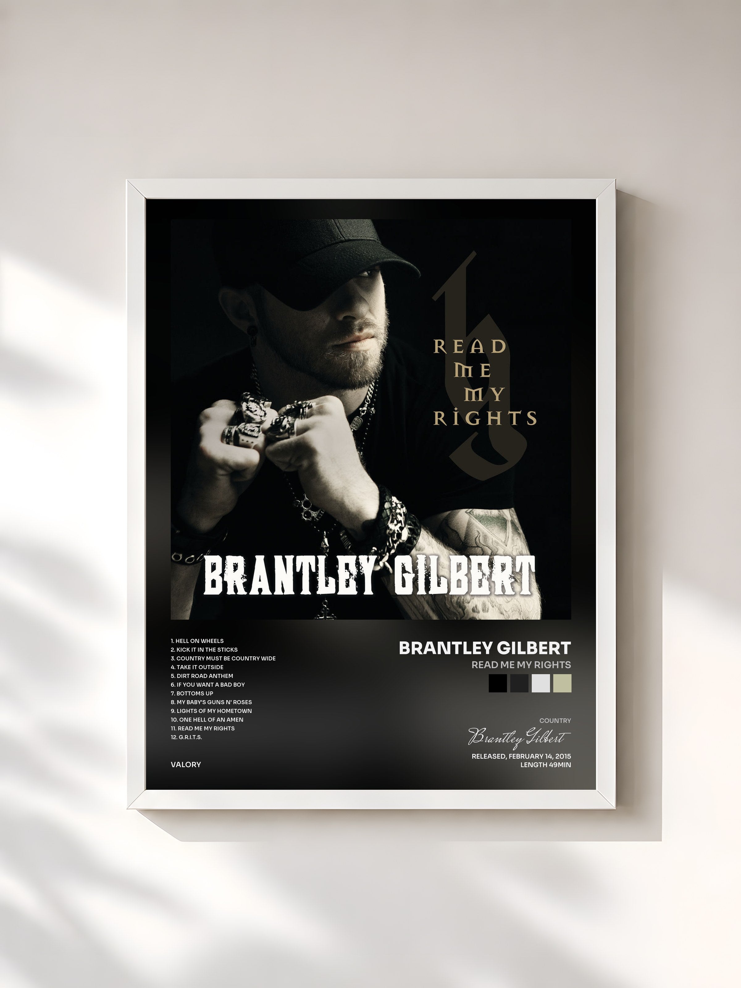 #blanc Tableau de l'album Read Me My Rights de Brantley Gilbert, cadre blanc, imprimé et encadré en France