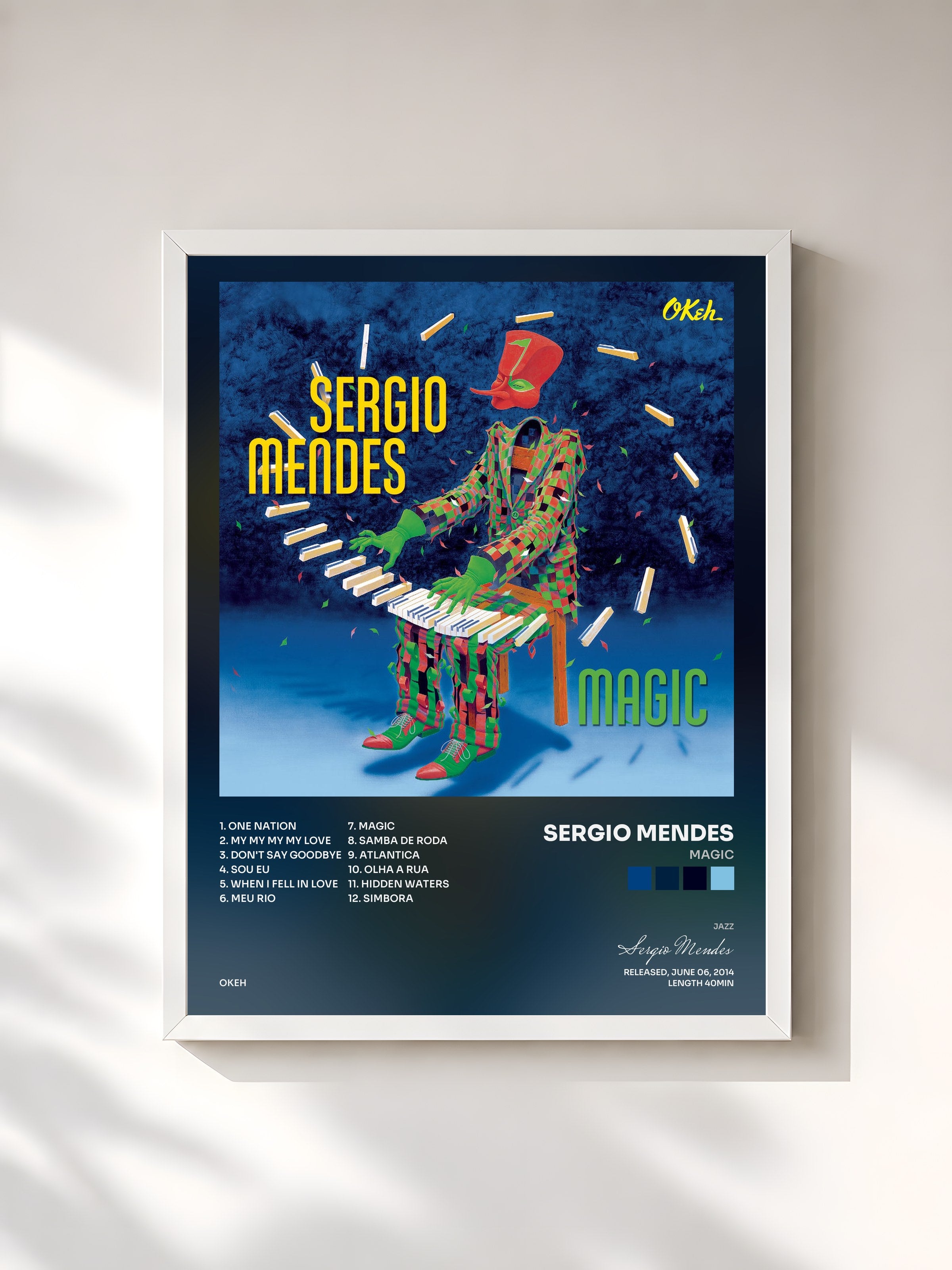 #blanc Tableau de l'album Magic de Sergio Mendes, cadre blanc, imprimé et encadré en France