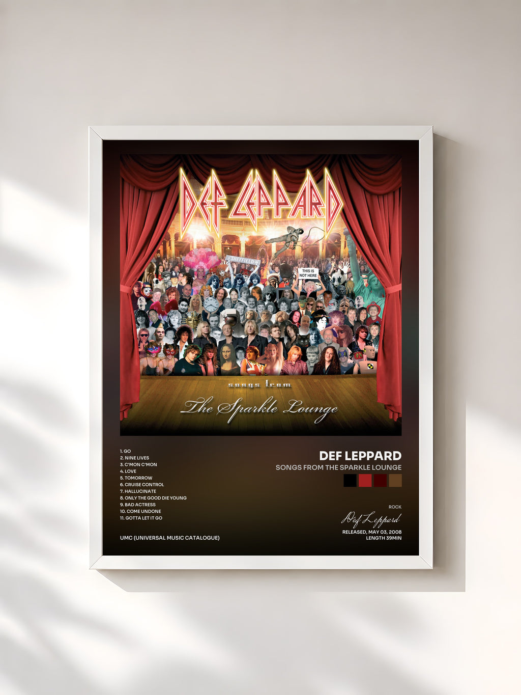 #blanc Tableau de l'album Songs From The Sparkle Lounge de Def Leppard, cadre blanc, imprimé et encadré en France