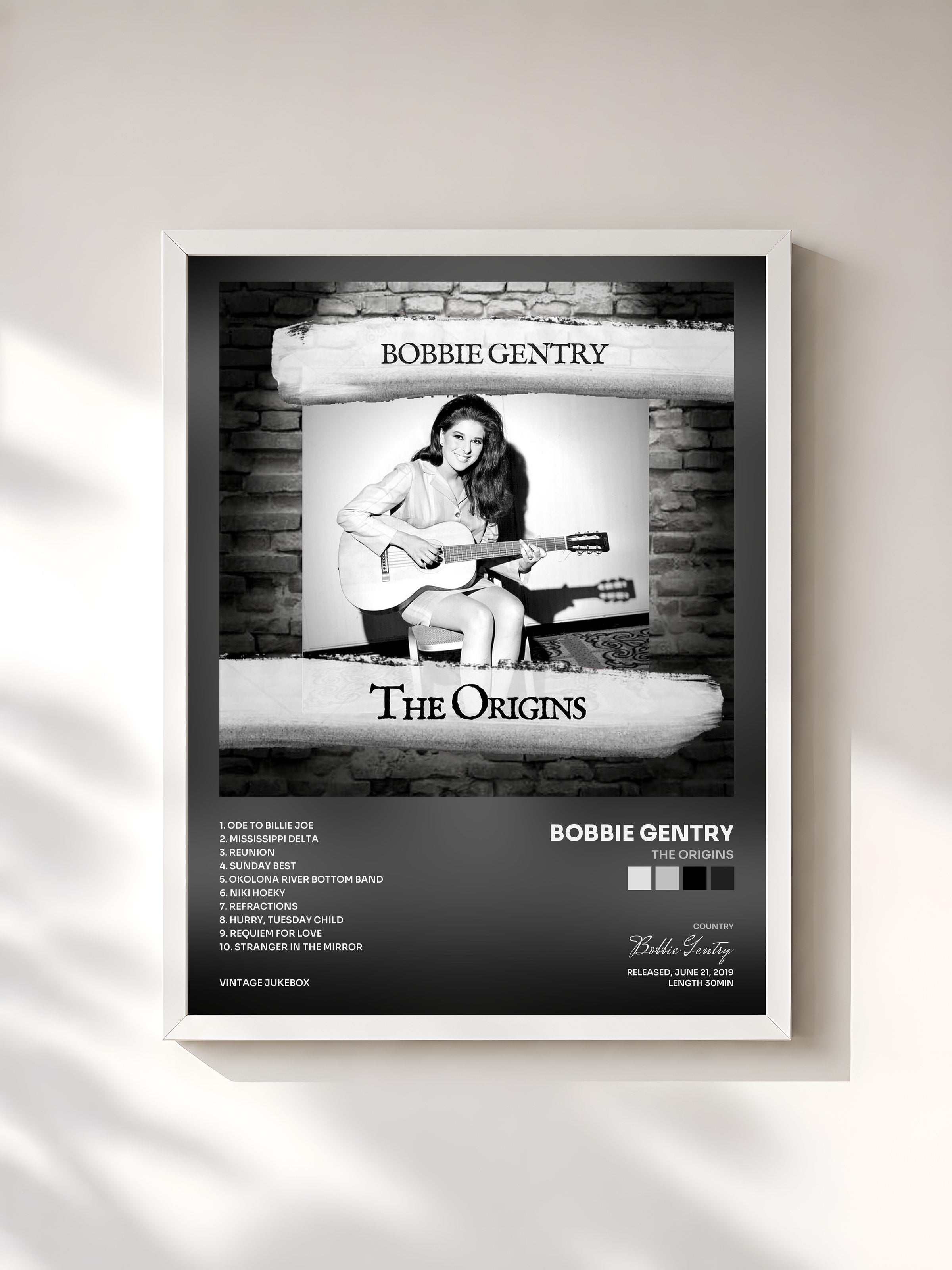 #blanc Tableau de l'album The Origins de Bobbie Gentry, cadre blanc, imprimé et encadré en France