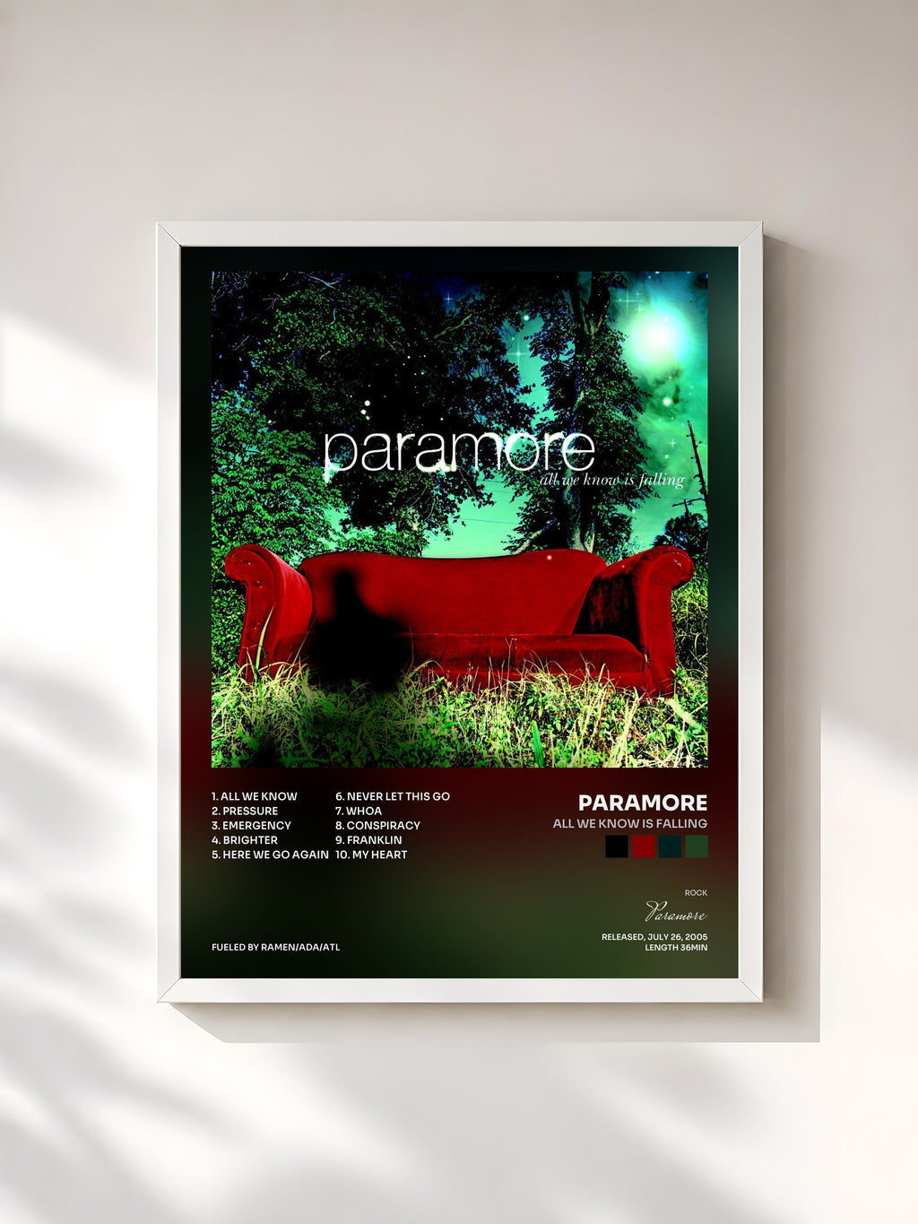 #blanc Tableau de l'album All We Know Is Falling de Paramore, cadre blanc, imprimé et encadré en France