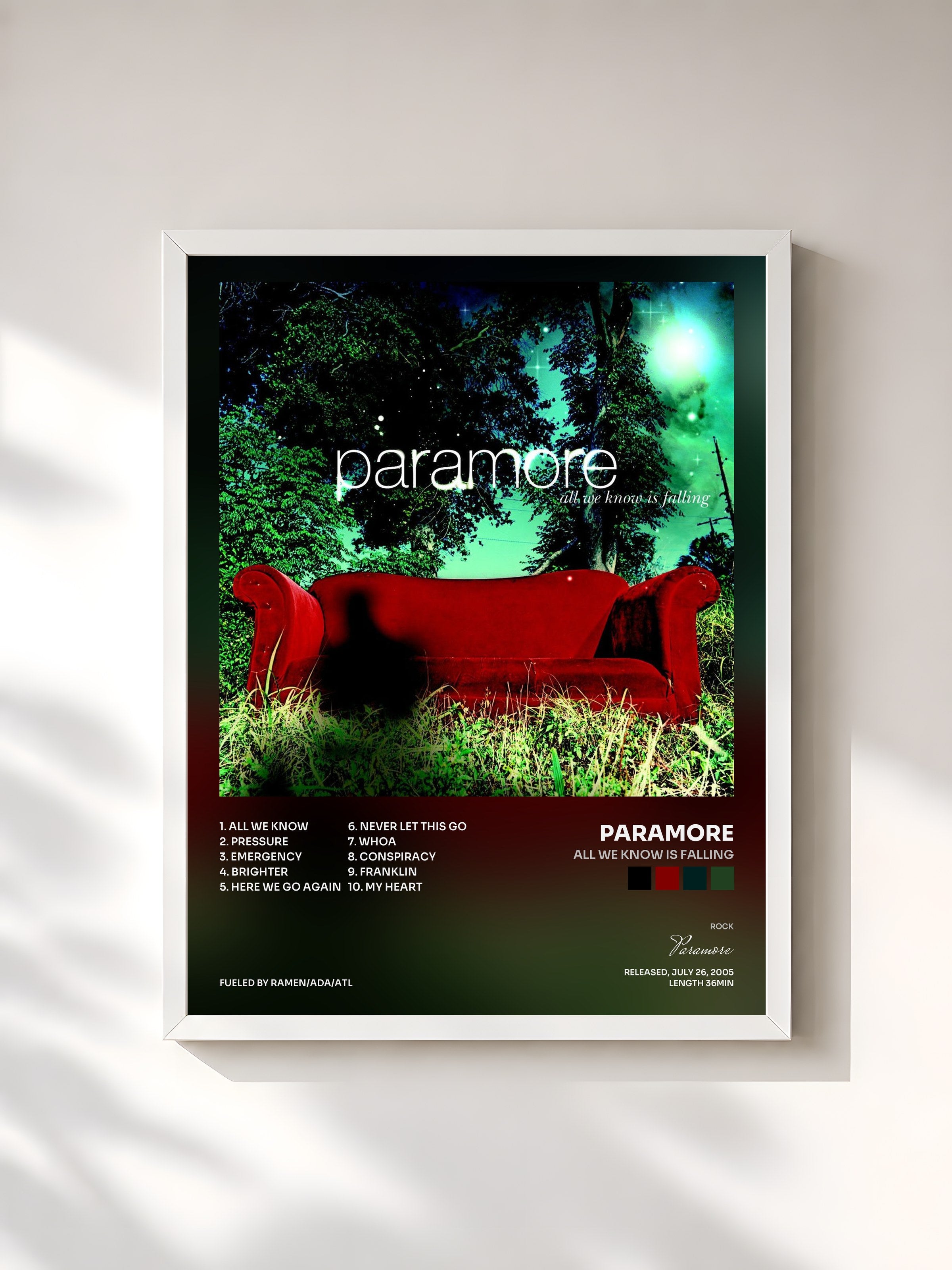 #blanc Tableau de l'album All We Know Is Falling de Paramore, cadre blanc, imprimé et encadré en France