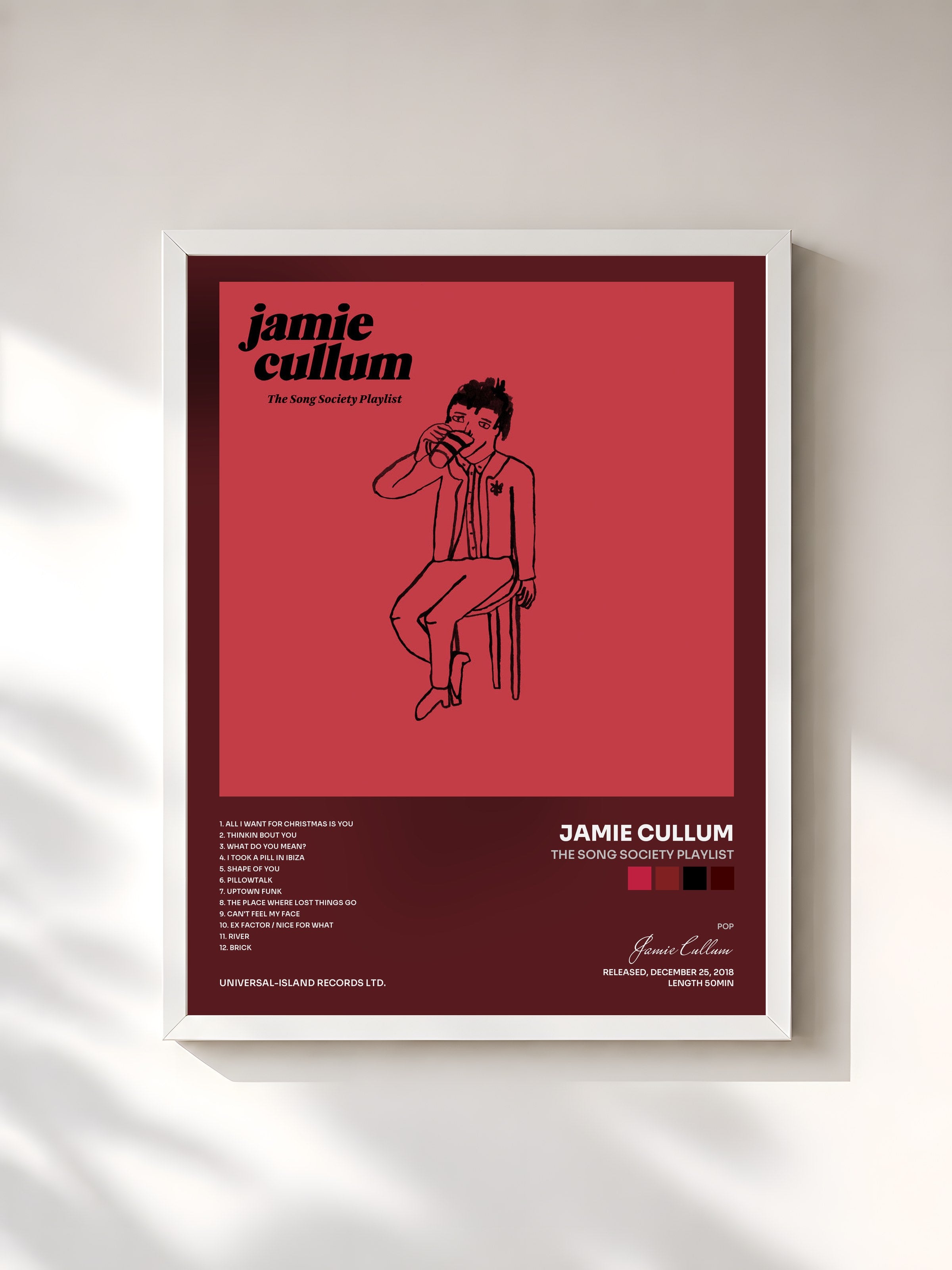 #blanc Tableau de l'album The Song Society Playlist de Jamie Cullum, cadre blanc, imprimé et encadré en France