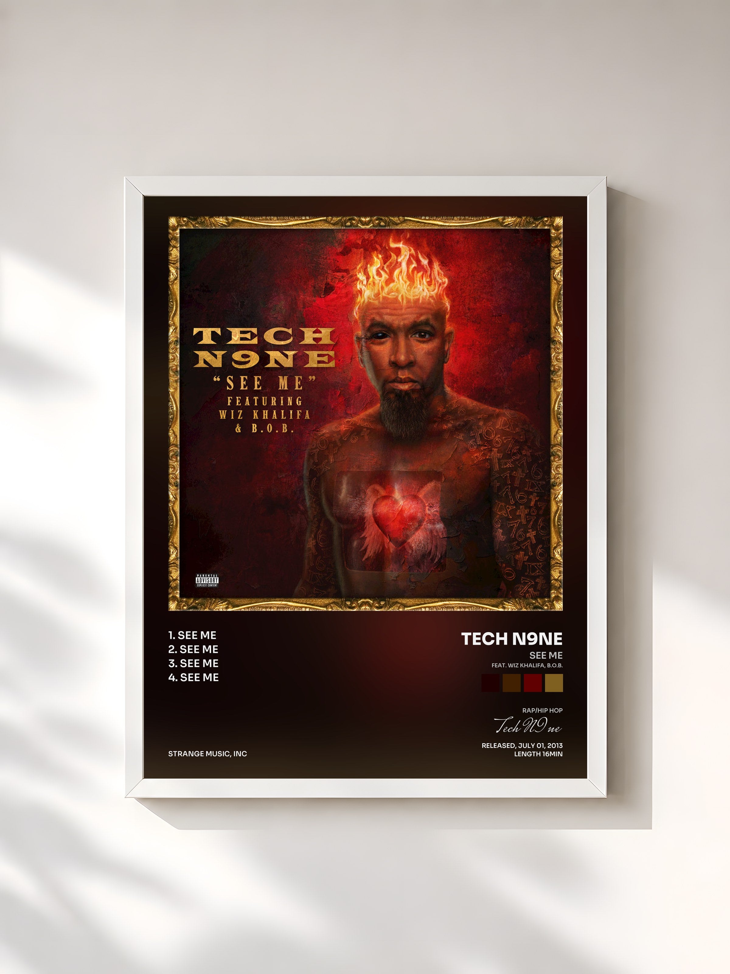 #blanc Tableau de l'album See Me (feat. Wiz Khalifa, B.o.B.) de Tech N9ne, cadre blanc, imprimé et encadré en France